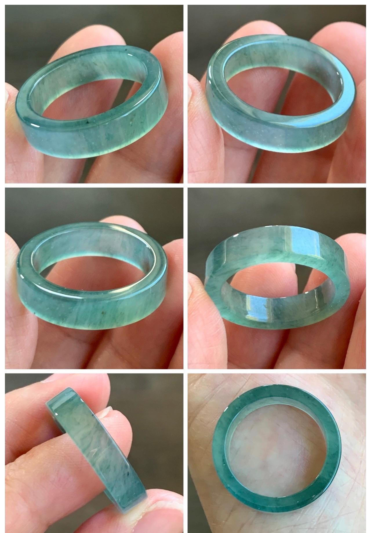 Natural Grade A Guatemalan Icy Highly Translucent Light Green Jade Jadeite Square Edged Band Ring Size 9 US 天然冰危晴绿翡翠角戒戒圈 LLJ180B
