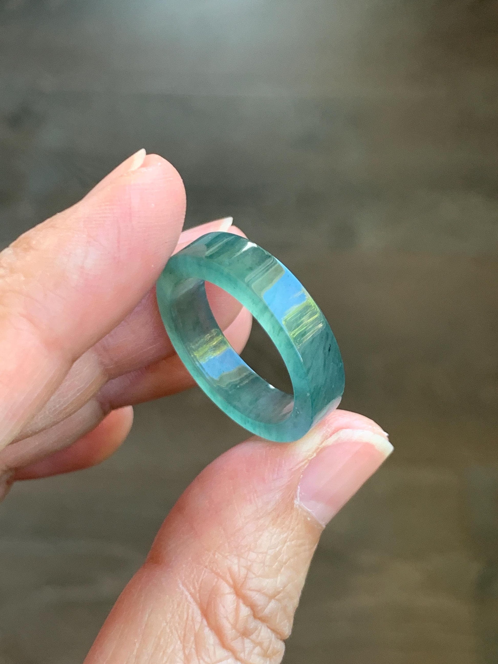 Natural Grade A Guatemalan Icy Highly Translucent Light Green Jade Jadeite Square Edged Band Ring Size 9 US 天然冰危晴绿翡翠角戒戒圈 LLJ180B