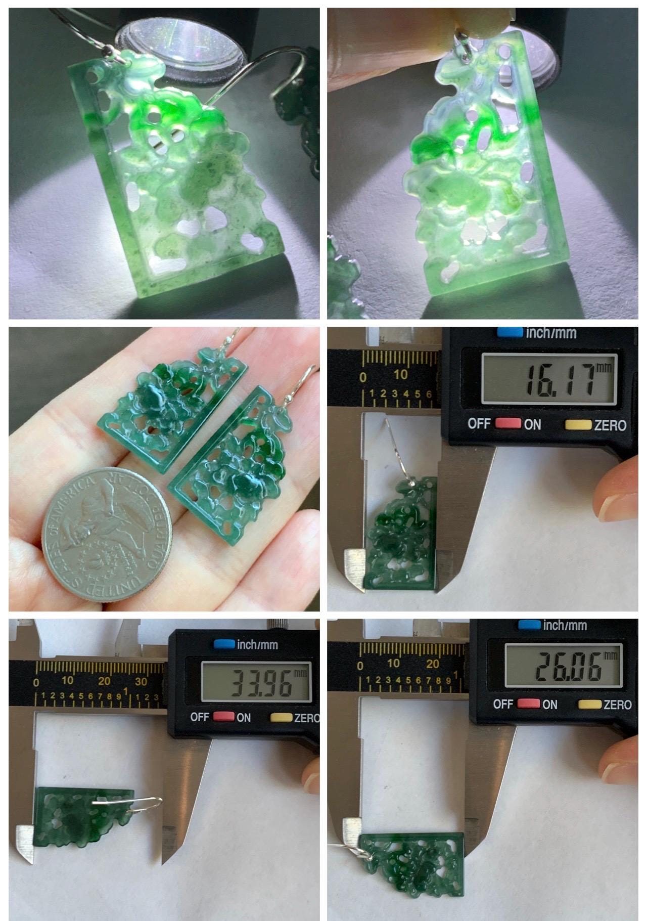 Natural Grade A Guatemalan Icy Highly Translucent Teal Green Jade Jadeite Openwork Engraved Earrings Sterling Silver 天然冰危淡蓝飘花翡翠镂空雕耳钩 WPL132