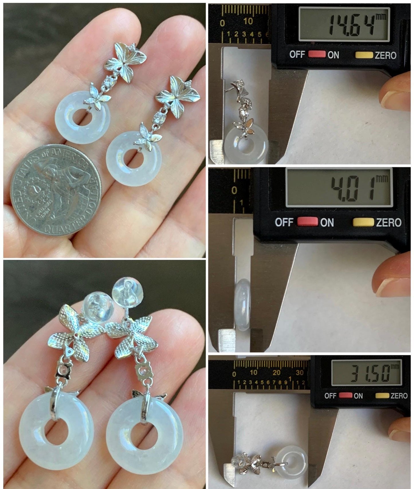 Natural Grade A Icy Translucent White Jade Jadeite Ping An Kou Donut Dangle Earrings Sterling Silver 天然白冰翡翠平安扣耳钩 MBK140B