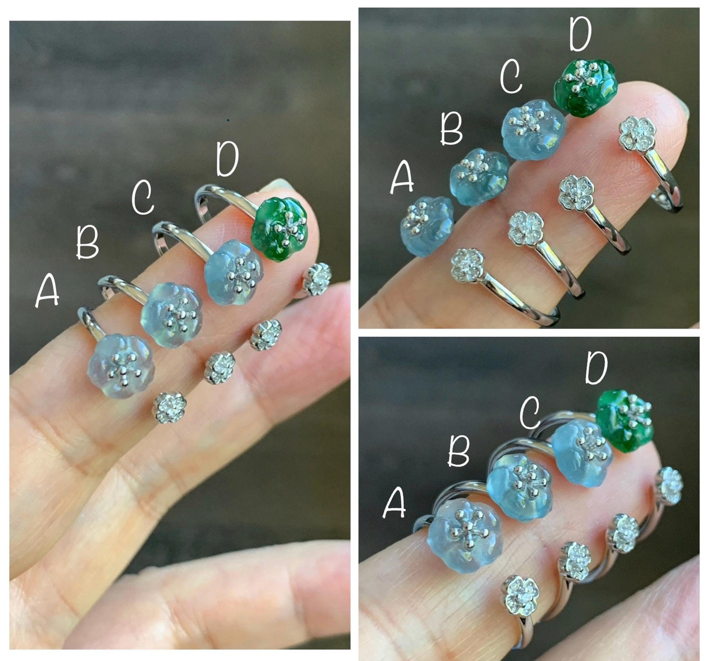 Natural Grade A Guatemalan Icy Highly Translucent Jade Jadeite Cherry Blossom Ring Sterling Silver Size Adjustable 天然高冰危翡翠梅花开口银镶戒指 GBW220