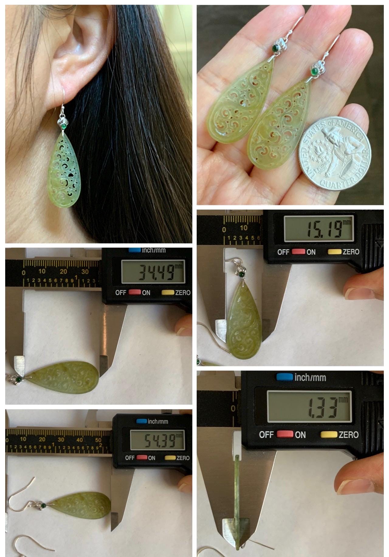 Natural Grade A Icy Highly Translucent Yellow Jade Jadeite Openwork Engraved Teardrop Earrings Sterling Silver 天然冰黄翡翠镂空雕水滴耳钩耳吊 BMH248