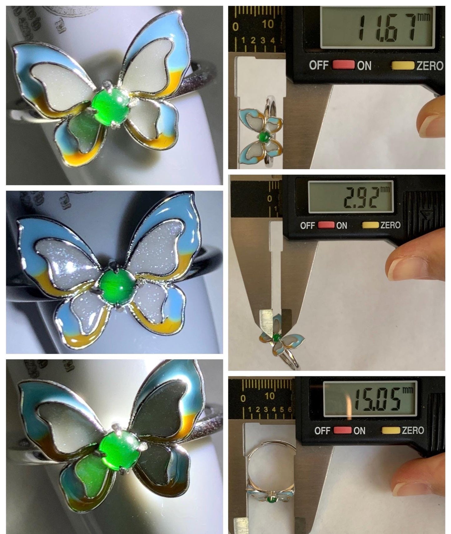 Natural Grade A Guatemalan Icy Translucent Vibrant Green Jade Jadeite Butterfly Enamel Ring Sterling Silver 天然冰危绿翡翠银镶蝴蝶烤漆戒指 HDK66