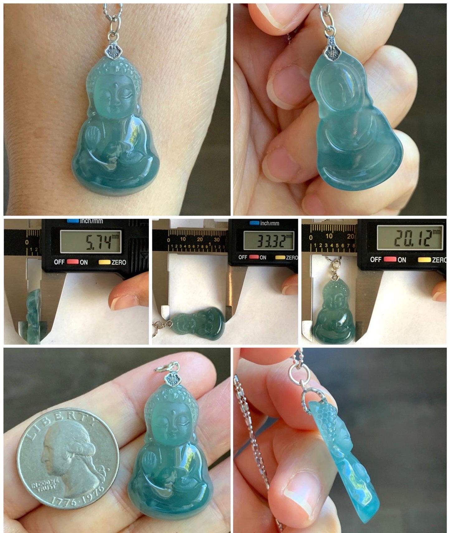 Natural Grade A Guatemalan Icy Highly Translucent Teal Blue Jade Jadeite Carved Baby Buddha Pendant Sterling Silver 5g 天然冰危蓝绿翡翠宝宝佛吊坠 BBF165B