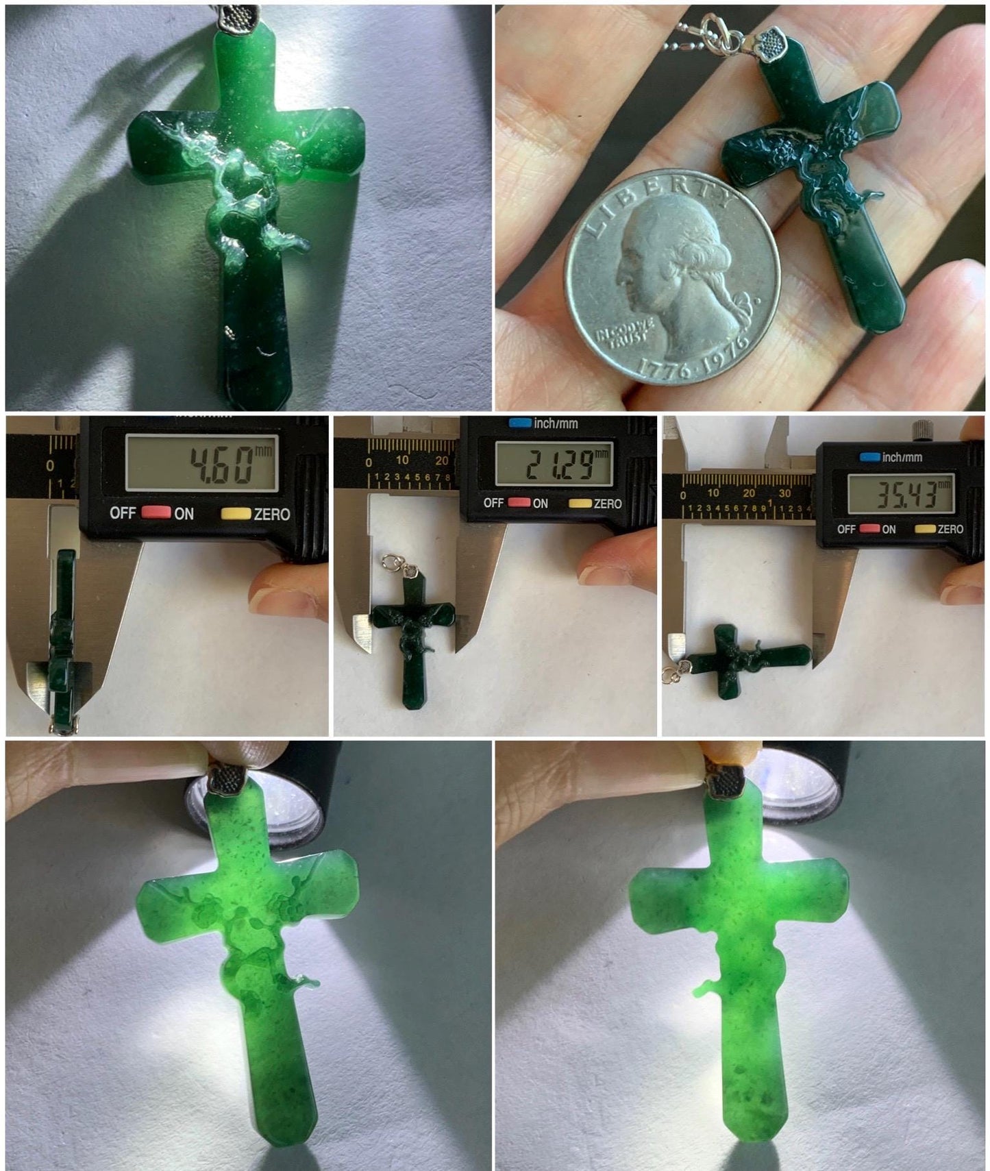 Natural Guatemalan Icy Translucent Deep Teal Green Jade Jadeite Carved Cross Cherry Blossom Pendant Sterling Silver 天然冰危深蓝绿翡翠梅花枝十字架吊坠 MHS106