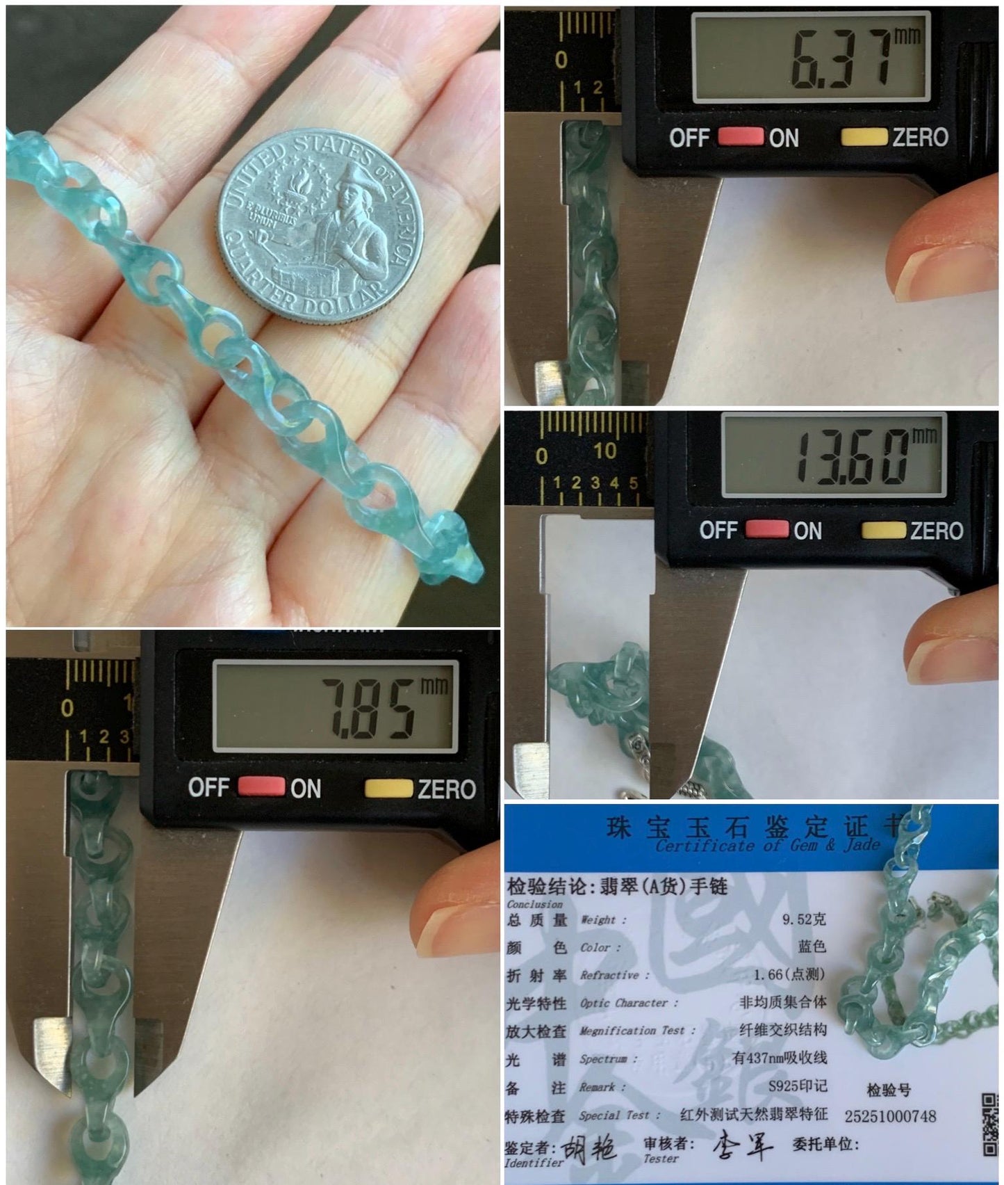 Certified Natural Guatemalan Icy Light Teal Blue Jade Jadeite Interlocking Dragon Bone Links Bracelet Sterling Silver 8.25" 天然冰胶危蓝翡翠龙骨链手链748