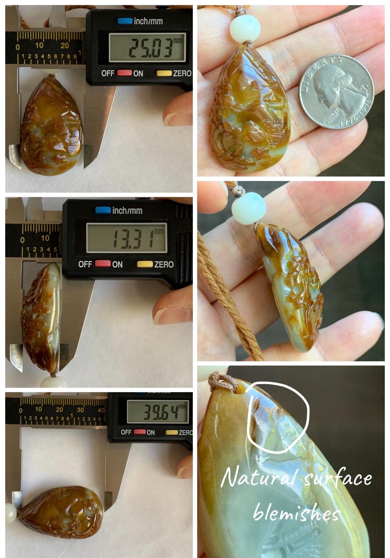 Natural Grade A Icy Intense Yellow Caramel Jade Jadeite Engraved Shan Shui Landscape Teardrop Pendant Rope Necklace 26” 天然鸡油黄翡翠山水牌吊坠 YHS220