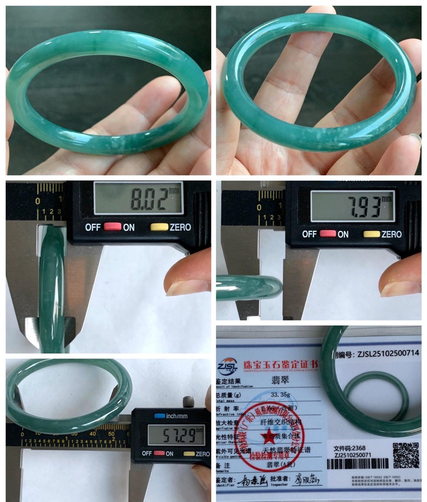 Certified Natural Grade A Guatemalan Icy Translucent Dusty Teal Green Jade Jadeite Bangle Bracelet 57.3mm 7” 33g 天然冰危深蓝绿翡翠圆条手镯 714