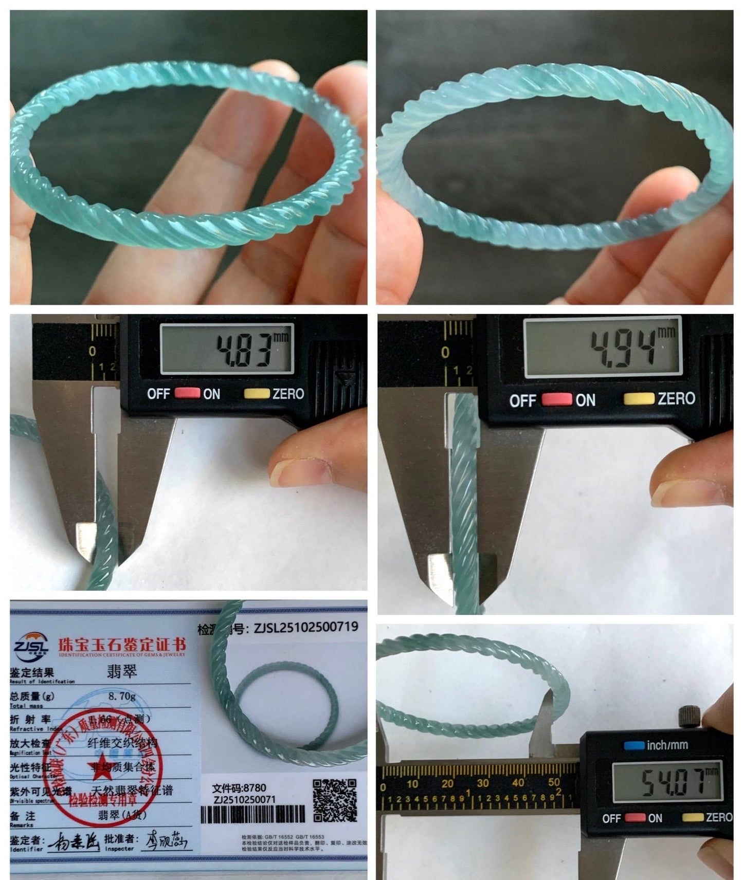 Certified Natural Grade A Guatemalan Icy Translucent Gelatinous Light Teal Jade Jadeite Carved Braid Bangle 54mm 6.68” 天然冰胶危浅蓝绿翡翠细麻花手镯 719