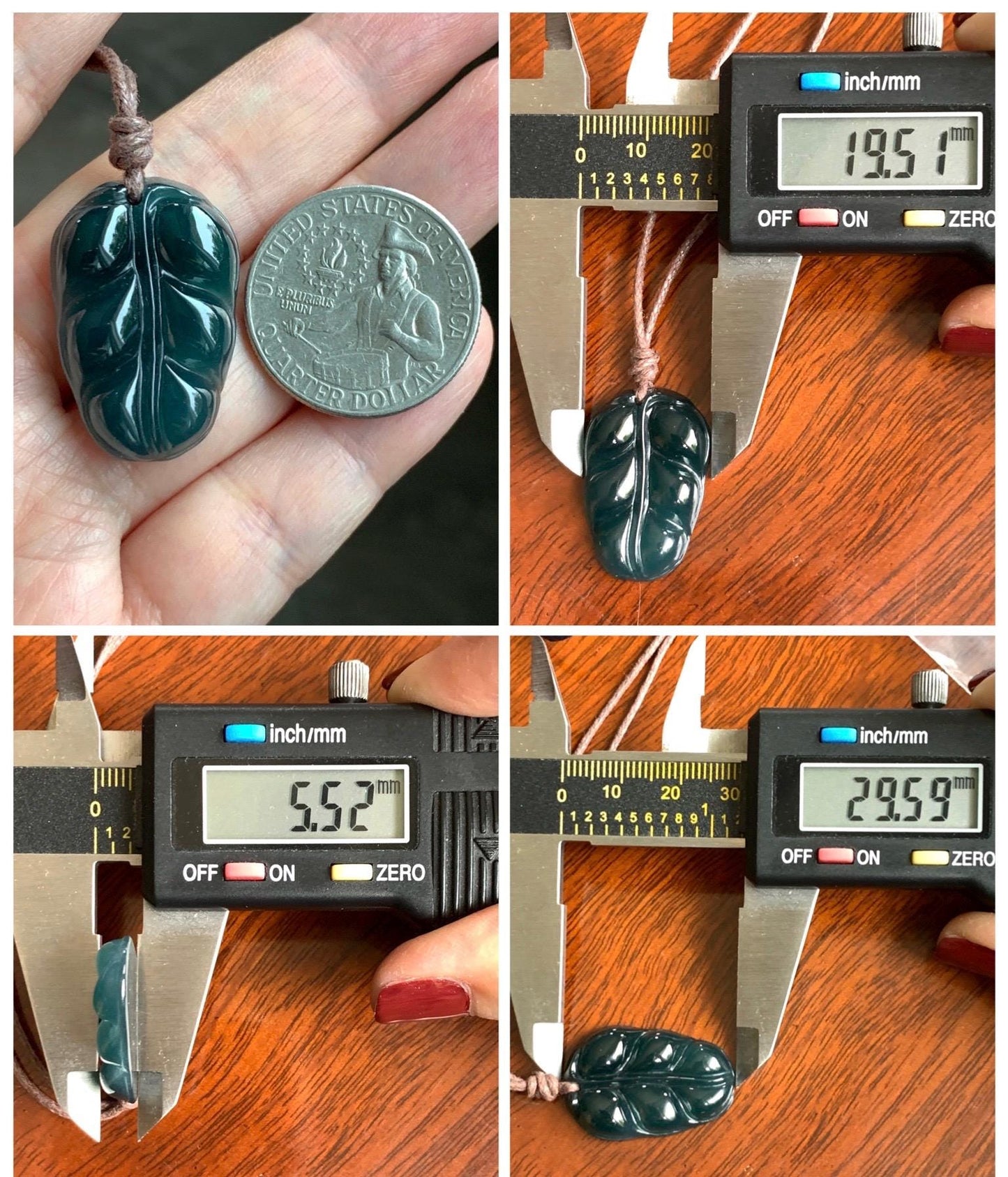 Natural Grade A Guatemalan Icy Translucent Dark Teal Blue Jade Jadeite Carved Leaf Pendant Rope Necklace 25” 7g 天然老种冰危深蓝水翡翠大叶有成吊坠 SLY99B