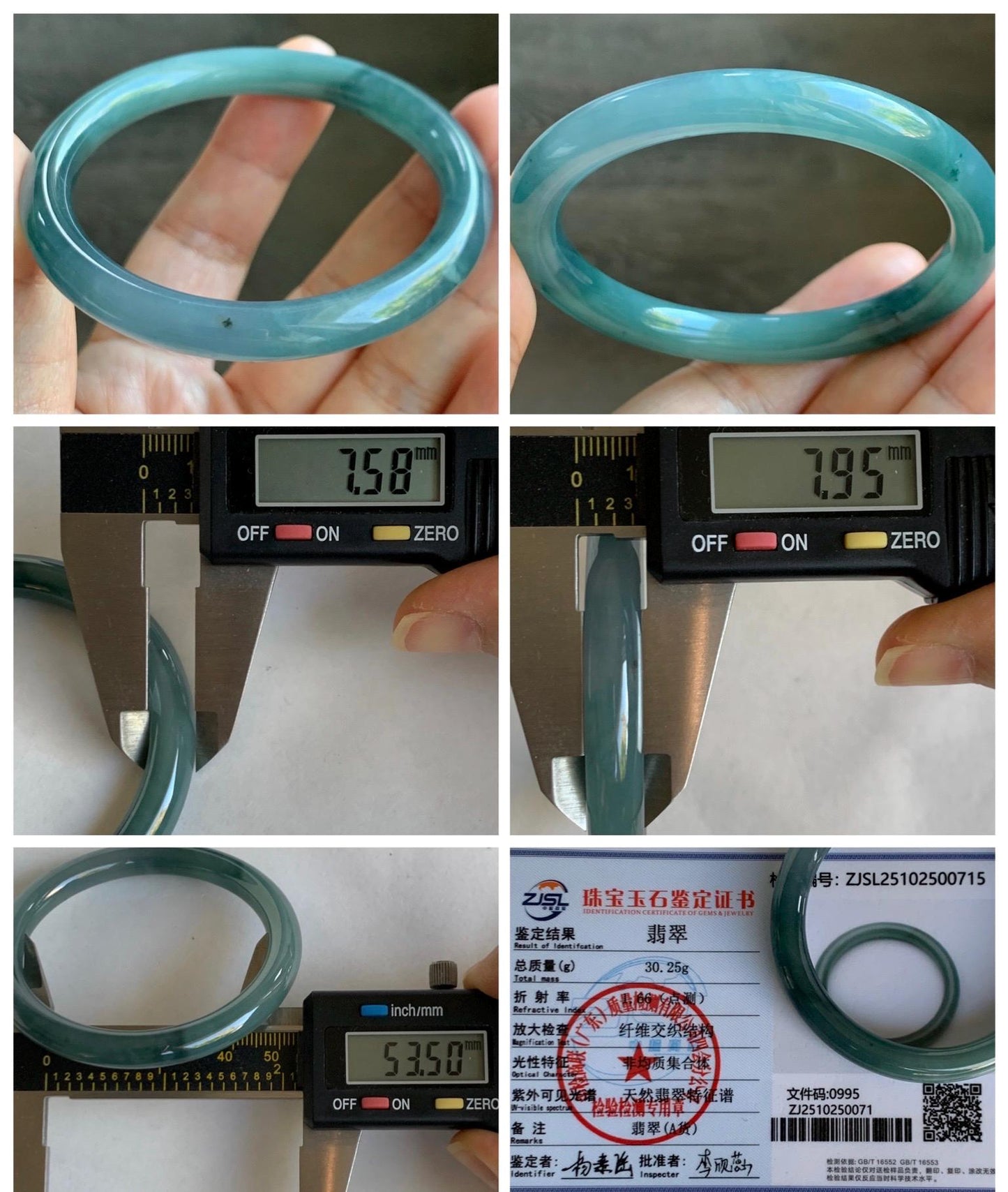 Certified Natural Grade A Guatemalan Icy Translucent Dark Teal Blue Marbled Jade Jadeite Bangle Bracelet 53.5mm 6.6” 30g 天然冰危深蓝飘花翡翠圆条手镯 715