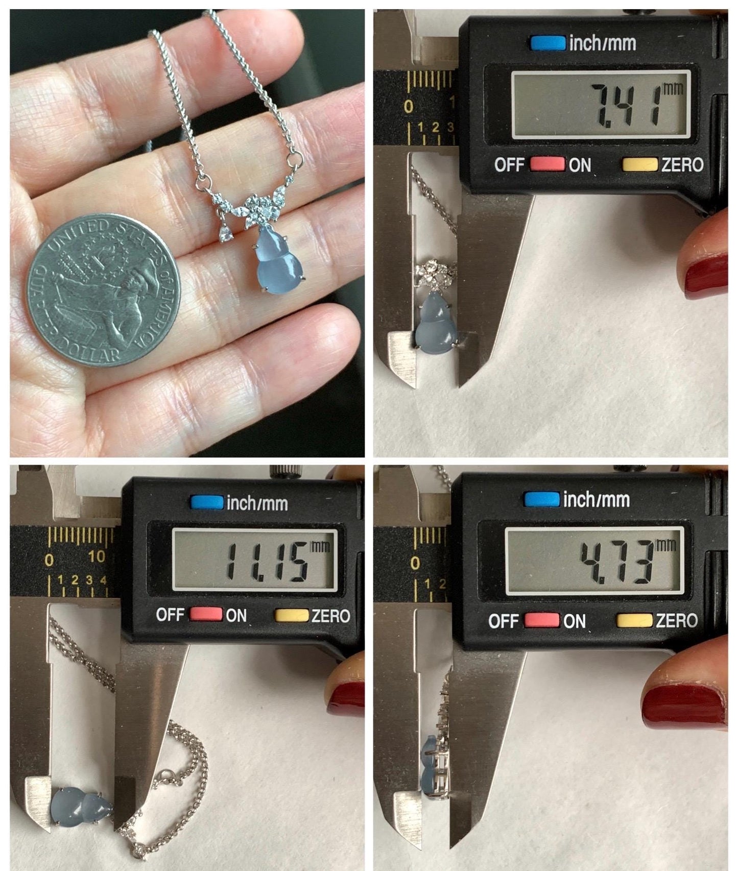 Natural Grade A Guatemalan Icy Translucent Purplish Blue Jade Jadeite Gourd Hulu Necklace Sterling Silver 16”-18.25” 3g 天然冰危蓝翡翠葫芦锁骨链 XZG165