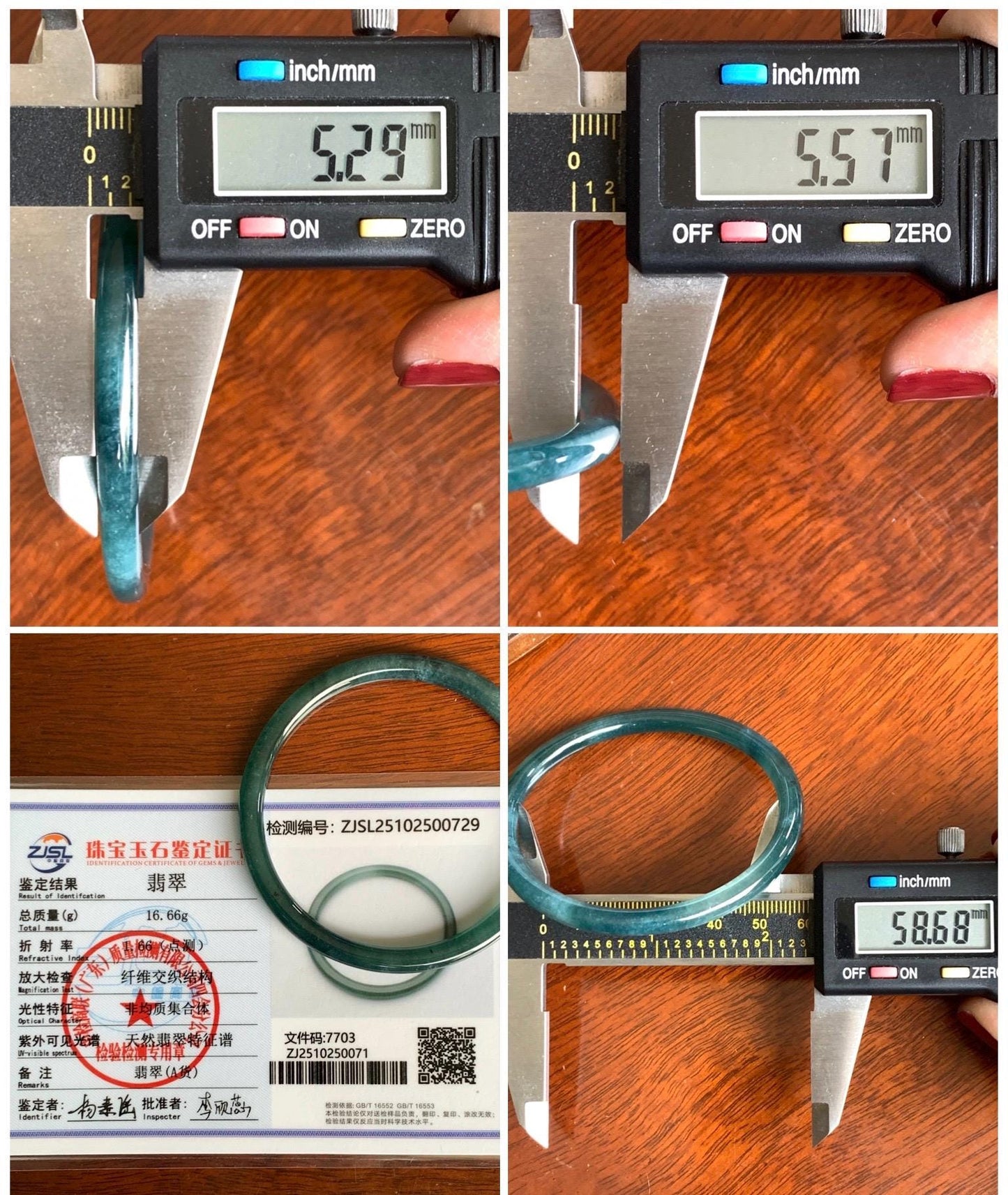 Certified Natural Grade A Guatemalan Icy Translucent Dark Teal Blue Jade Jadeite Slim Bangle 58.68mm 7.25” 16.6g 天然冰胶危深蓝绿翡翠细圆条手镯 729