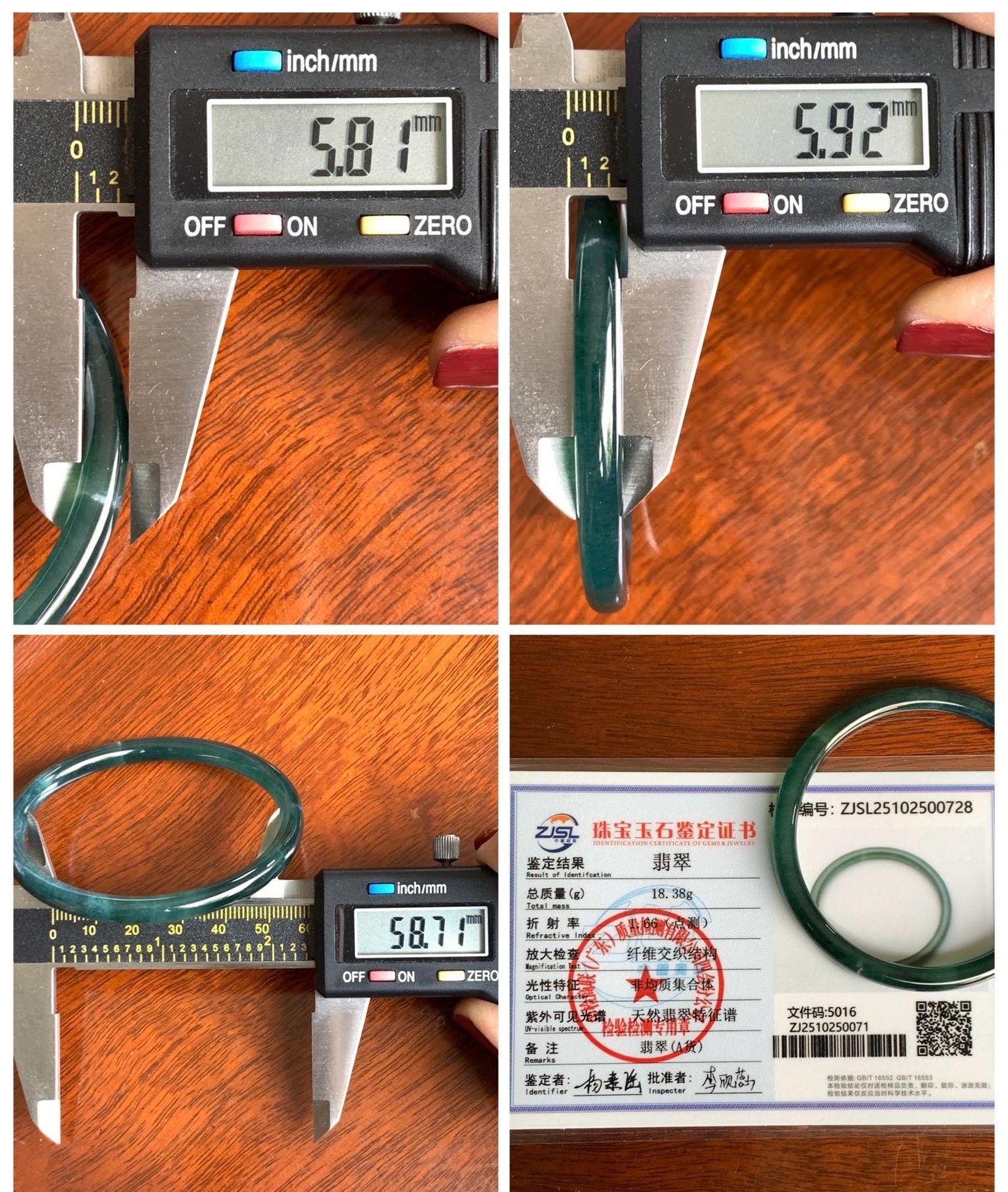 Certified Natural Grade A Guatemalan Icy Translucent Dark Teal Blue Jade Jadeite Slim Bangle 58.71mm 7.25” 18.38g 天然冰胶危深蓝绿翡翠细圆条手镯 728