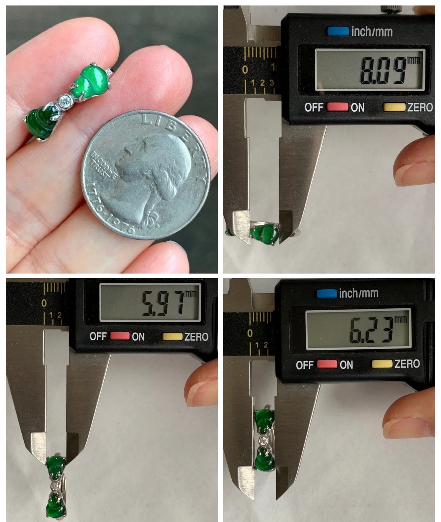 Natural Grade A Guatemalan Icy Translucent Vibrant Green Jade Jadeite Gourd Hulu Ring Sterling Silver Size 7 Adjustable 天然冰危绿翡翠双葫芦戒指 SLH130