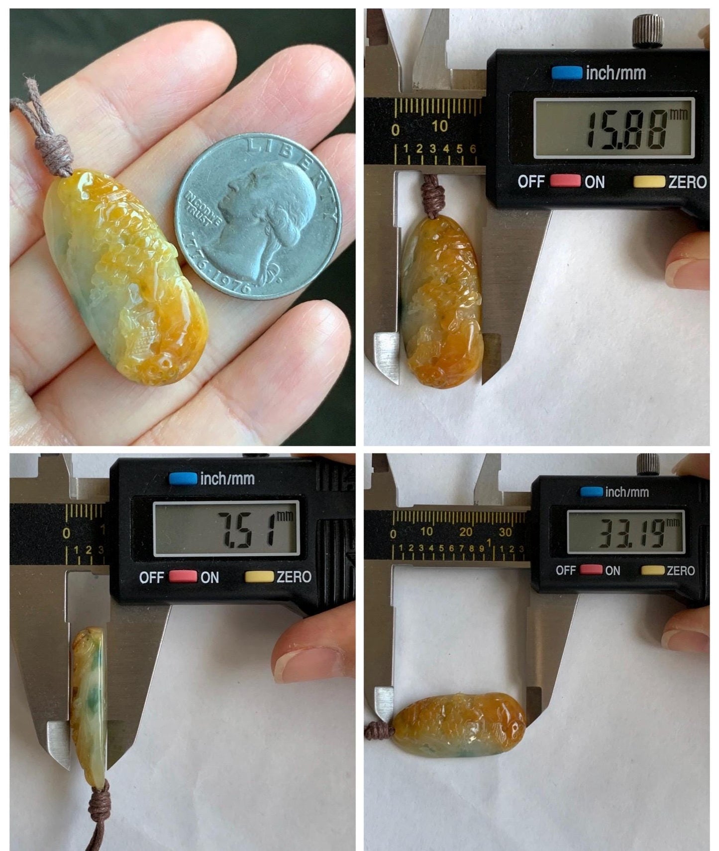 Natural Grade A Icy Translucent Bicolored Yellow & Green Jade Jadeite Shan Shui Nature Pendant Rope Necklace 25" 8g 天然冰黄飘绿花翡翠山水牌吊坠 SCH248