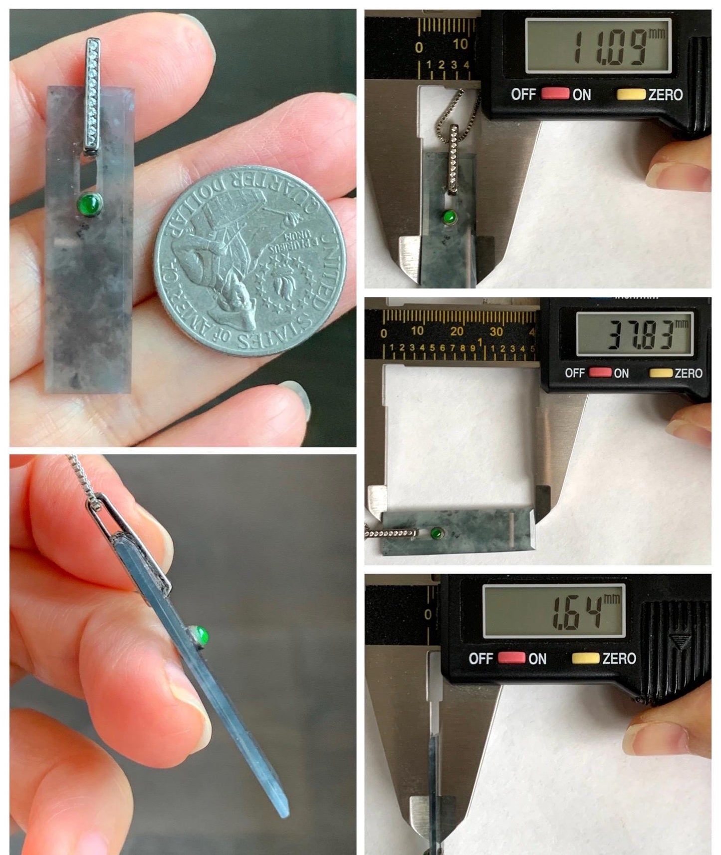 Natural Grade A Guatemalan Icy Highly Translucent Wuji Jade Jadeite Elongated Rectangle Pendant Sterling Silver 天然冰危乌鸡翡翠无事牌镶嵌吊坠 BWP165