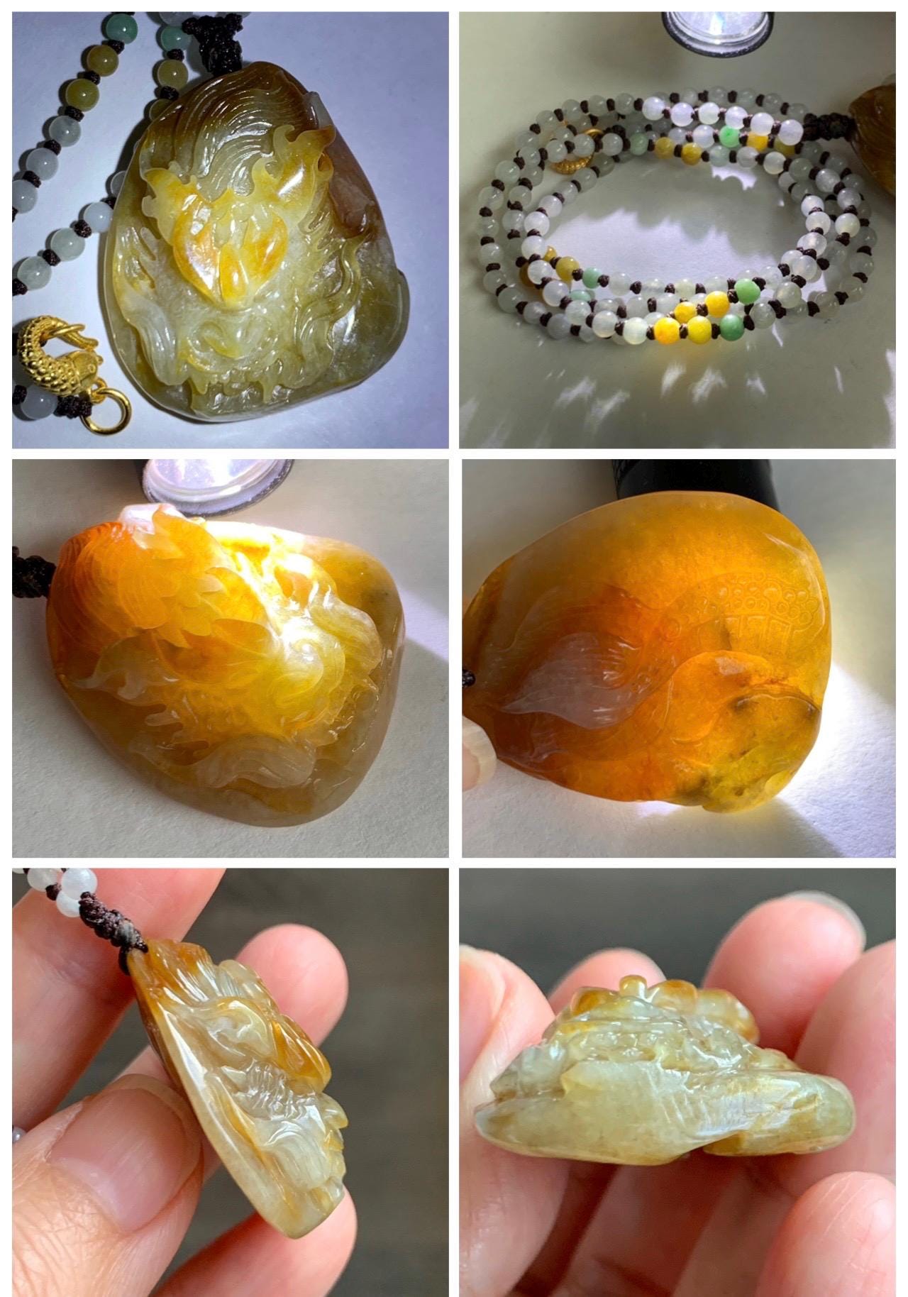 Natural Grade A Icy Translucent Yellow Jade Jadeite Carved Dragon Pendant Beaded Necklace Sterling Silver 22” 23g 天然冰黄翡翠龙牌吊坠珠链项链 HFL220