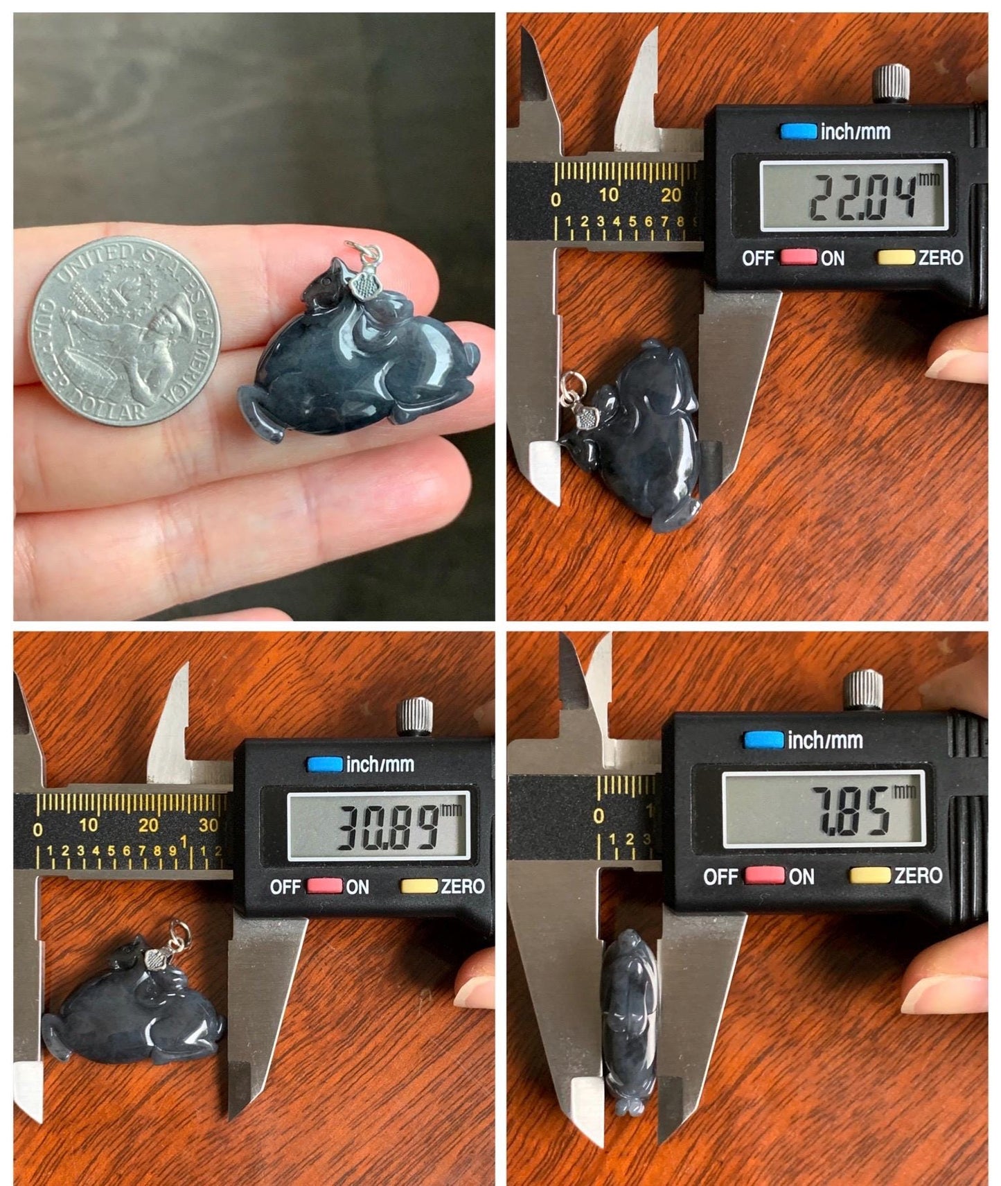 Natural Grade A Icy Translucent Gelatinous Dark Wuji Jade Jadeite Carved Tang Horse Pendant Sterling Silver 8g 天然冰胶深色乌鸡翡翠唐马银镶吊坠 MWJ440B