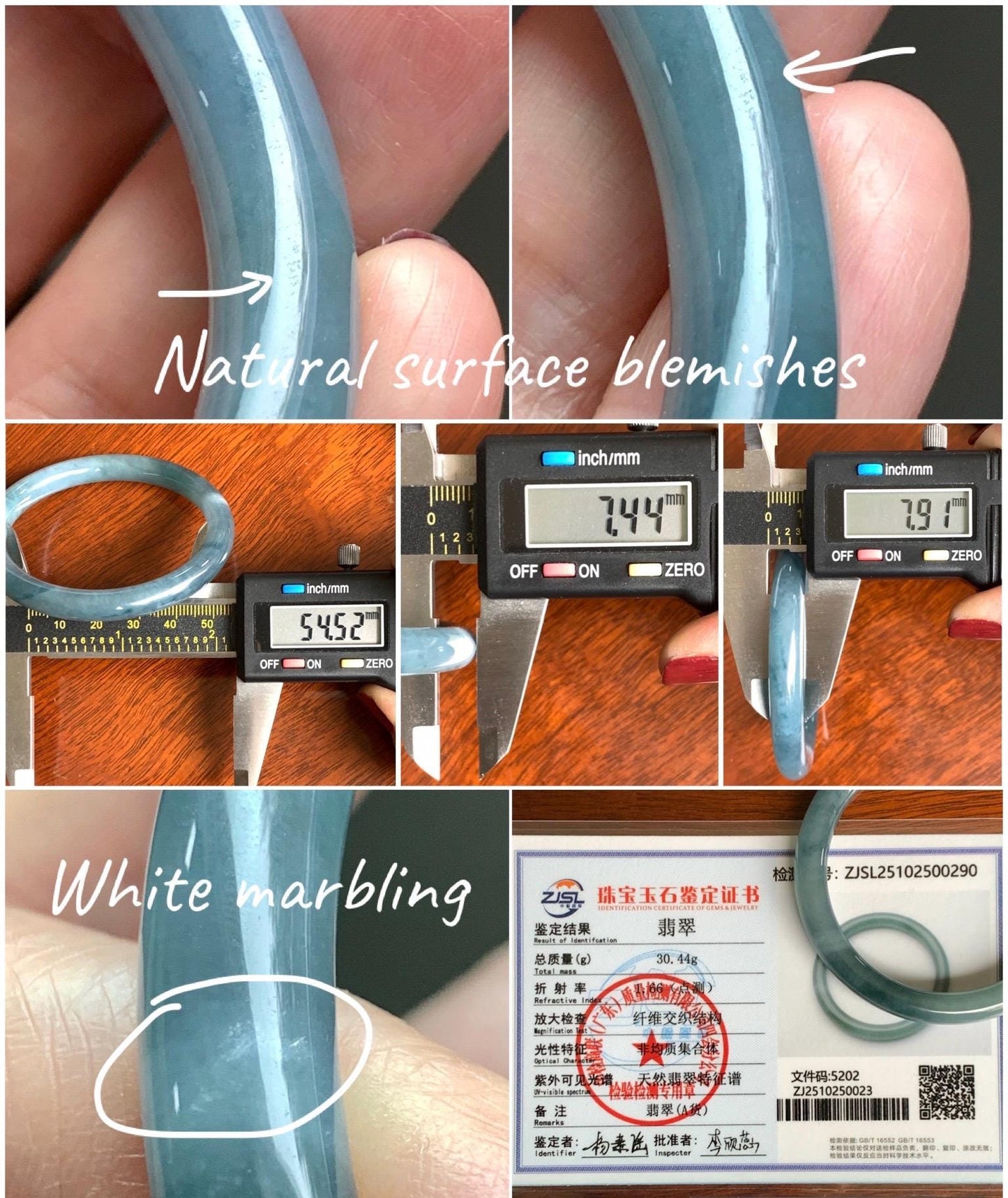 Certified Natural Grade A Guatemalan Icy Translucent Dusty Blue Marbled Jade Jadeite Bangle Bracelet 54.52mm 6.73” 30.44 天然冰危蓝飘花翡翠圆条手镯 290