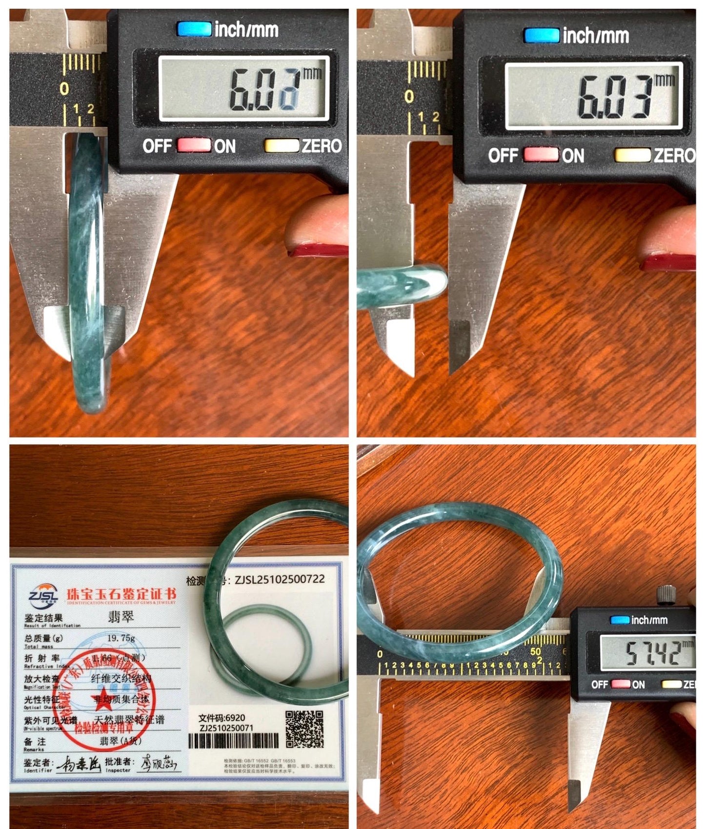 Certified Natural Grade A Guatemalan Icy Highly Translucent Dark Teal Blue Jade Jadeite Slim Bangle 57.42mm 7” 19.75g 天然冰胶危深蓝绿翡翠细圆条手镯 722
