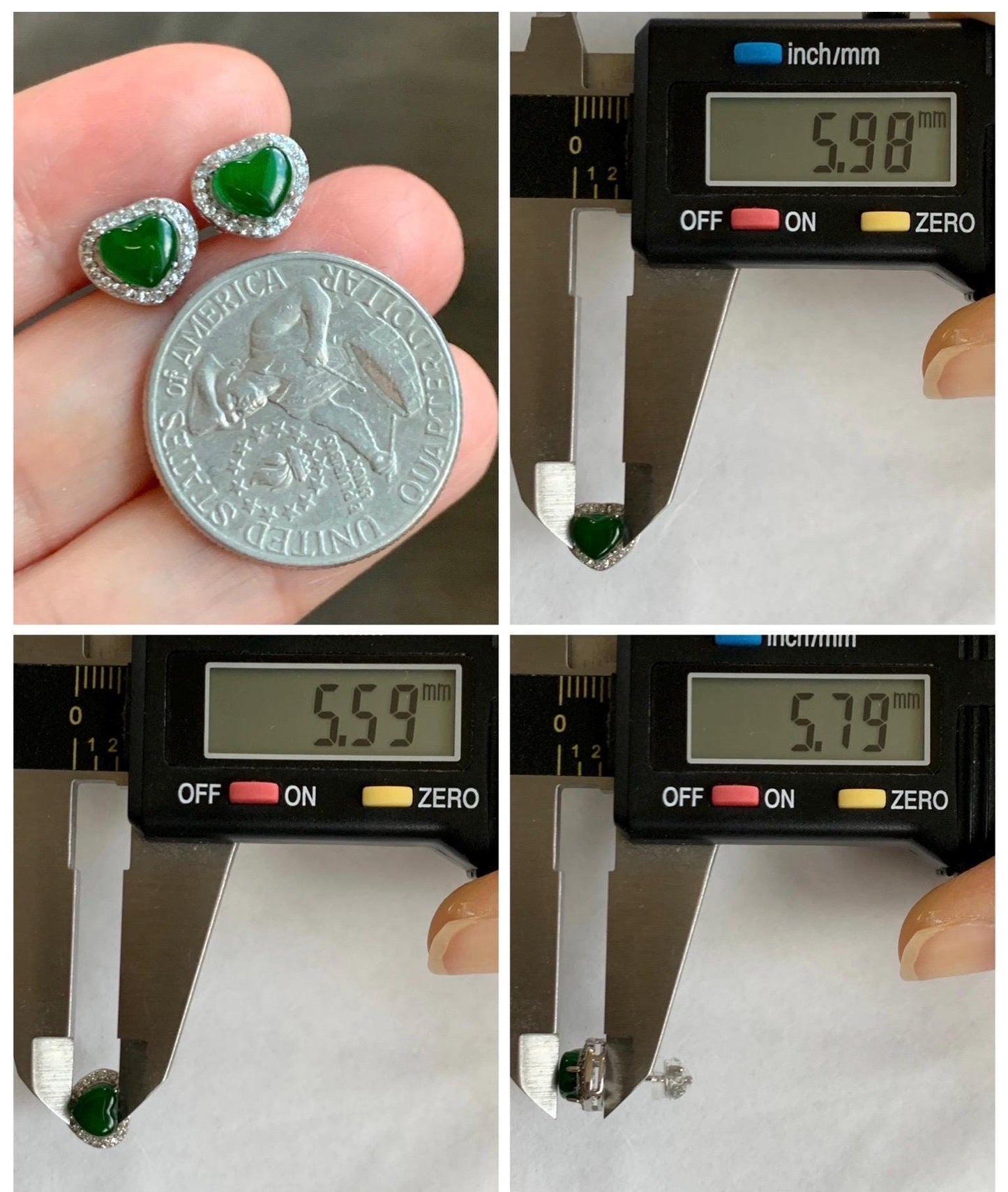 Natural Grade A Guatemalan Icy Translucent Vibrant Green Jade Jadeite Heart Halo Stud Earrings Sterling Silver 天然冰危绿翡翠爱心银耳钉 AXD110