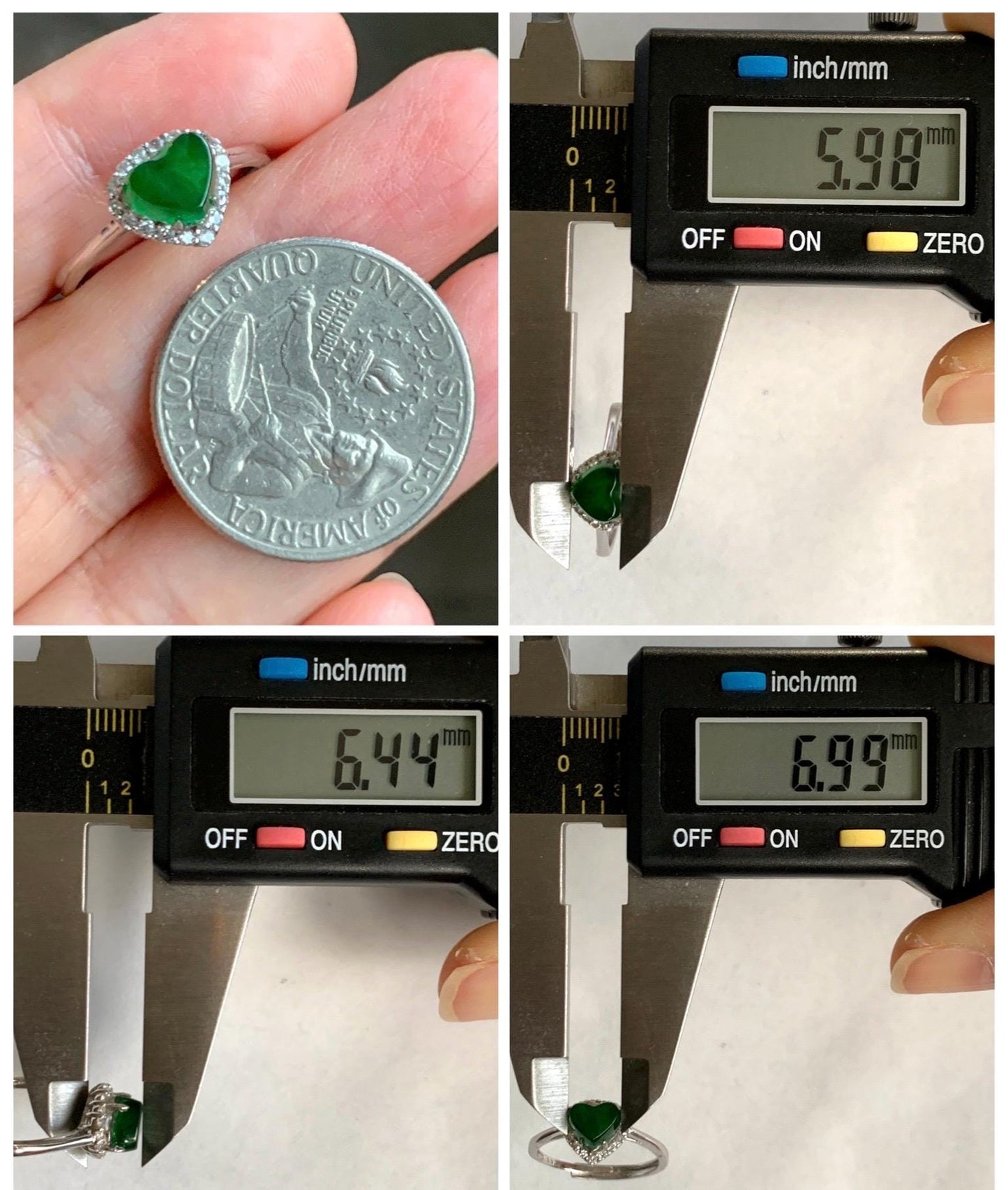 Natural Grade A Guatemalan Icy Translucent Vibrant Green Jade Jadeite Heart Halo Ring Sterling Silver Size 7 Adjustable 天然冰危绿翡翠爱心戒指 AXJ66