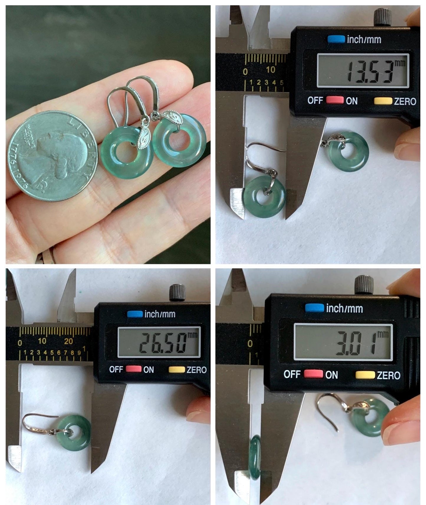 Natural Grade A Guatemalan Icy Translucent Teal Green Jade Jadeite Ping An Kou Donut Dangle Earrings Sterling Silver 天然冰危深蓝绿翡翠平安扣耳钩 WLL88