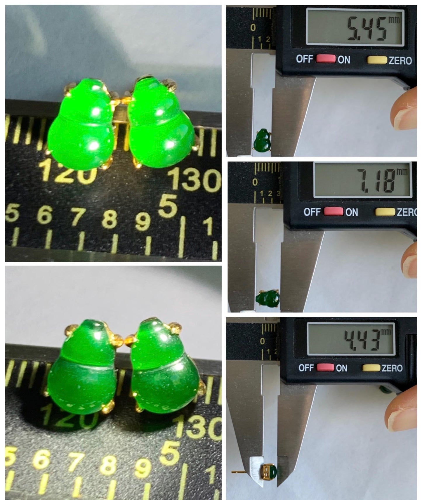 Natural Grade A Guatemalan Icy Translucent Vibrant Green Jade Jadeite Gourd Hulu Stud Earrings Sterling Silver 天然冰危绿翡翠葫芦银耳钉WHJ150B