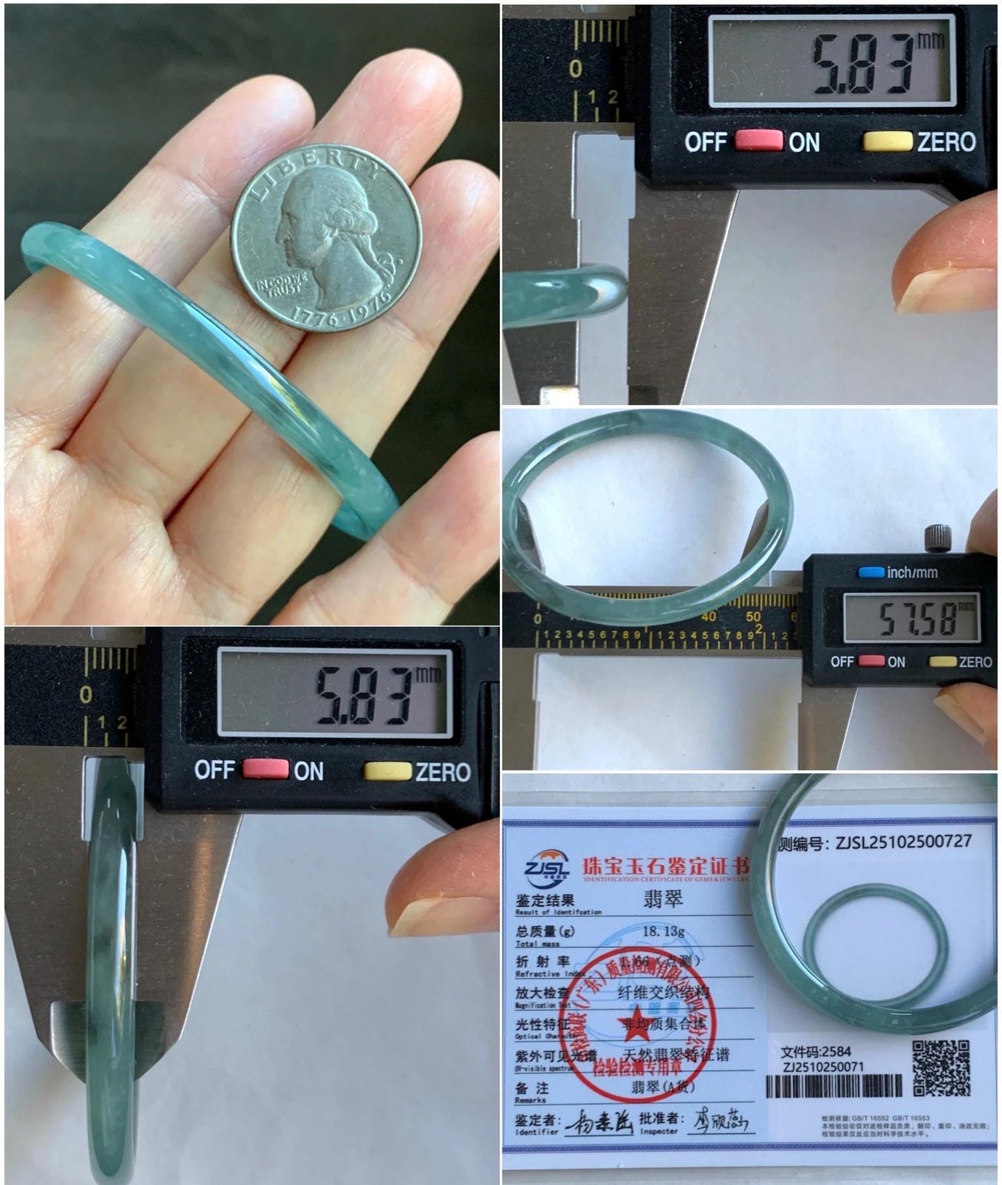 Certified Natural Grade A Guatemalan Icy Translucent Light Teal Wuji Jade Jadeite Slim Bangle 57.58mm 7.11” 18g 天然危晴蓝飘乌鸡翡翠细圆条手镯 727
