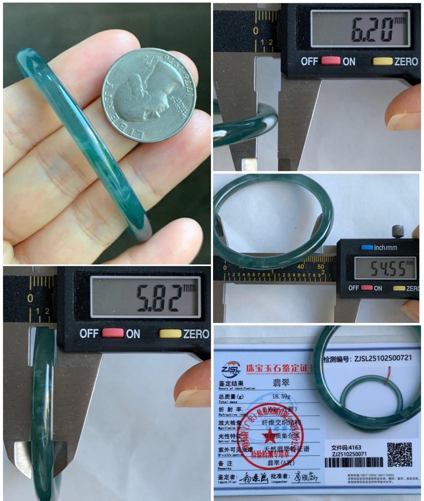 Certified Natural Grade A Guatemalan Icy Highly Translucent Dark Teal Blue Jade Jadeite Bangle 54.55mm 6.74” 18.6g 天然冰胶危深蓝绿翡翠细圆条手镯 721