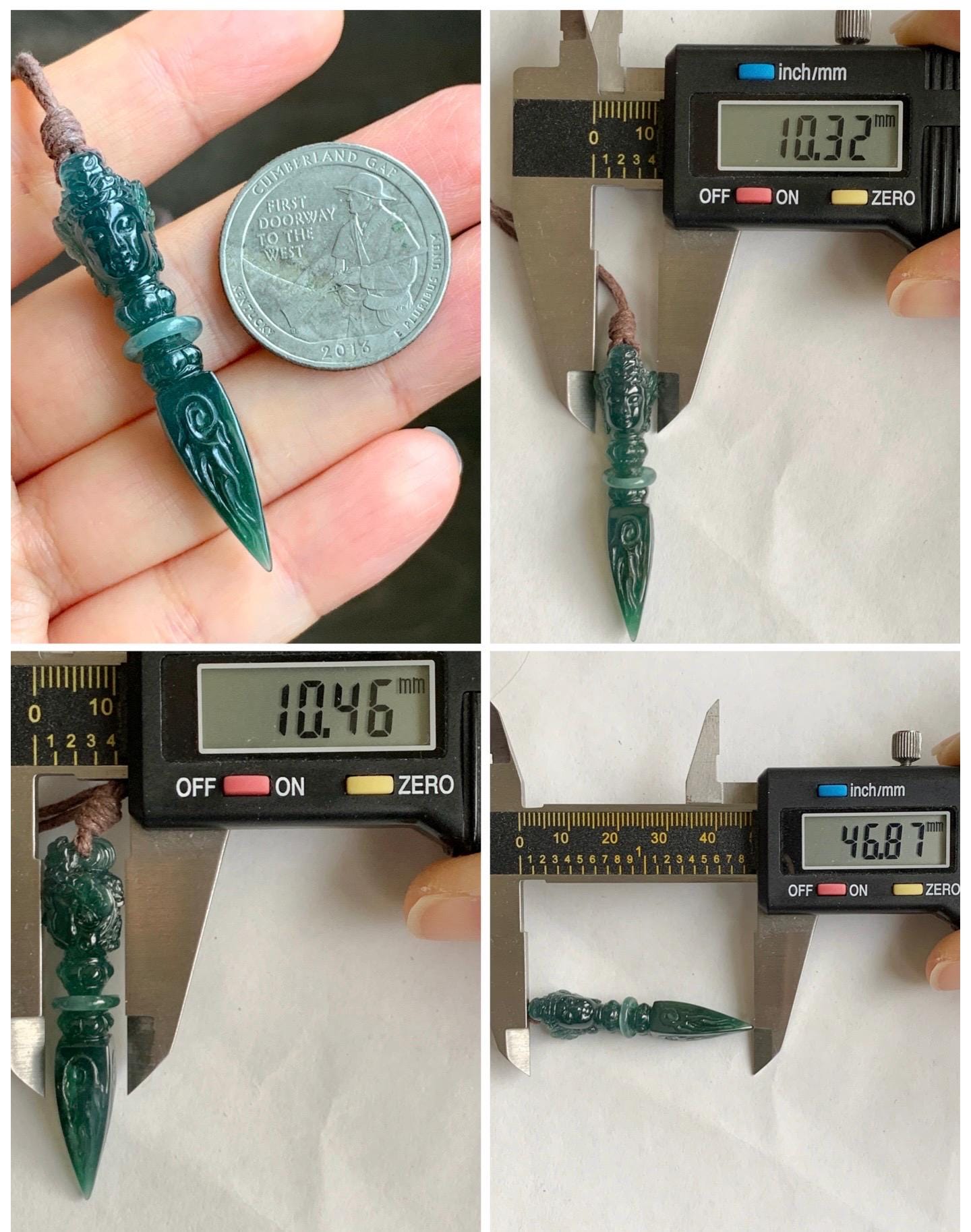 Natural Grade A Guatemalan Icy Translucent Dark Teal Blue Jade Jadeite Carved Vajra Pendant Rope Necklace 25” 7g 天然冰危蓝绿翡翠降魔杵吊坠项链 XMC238