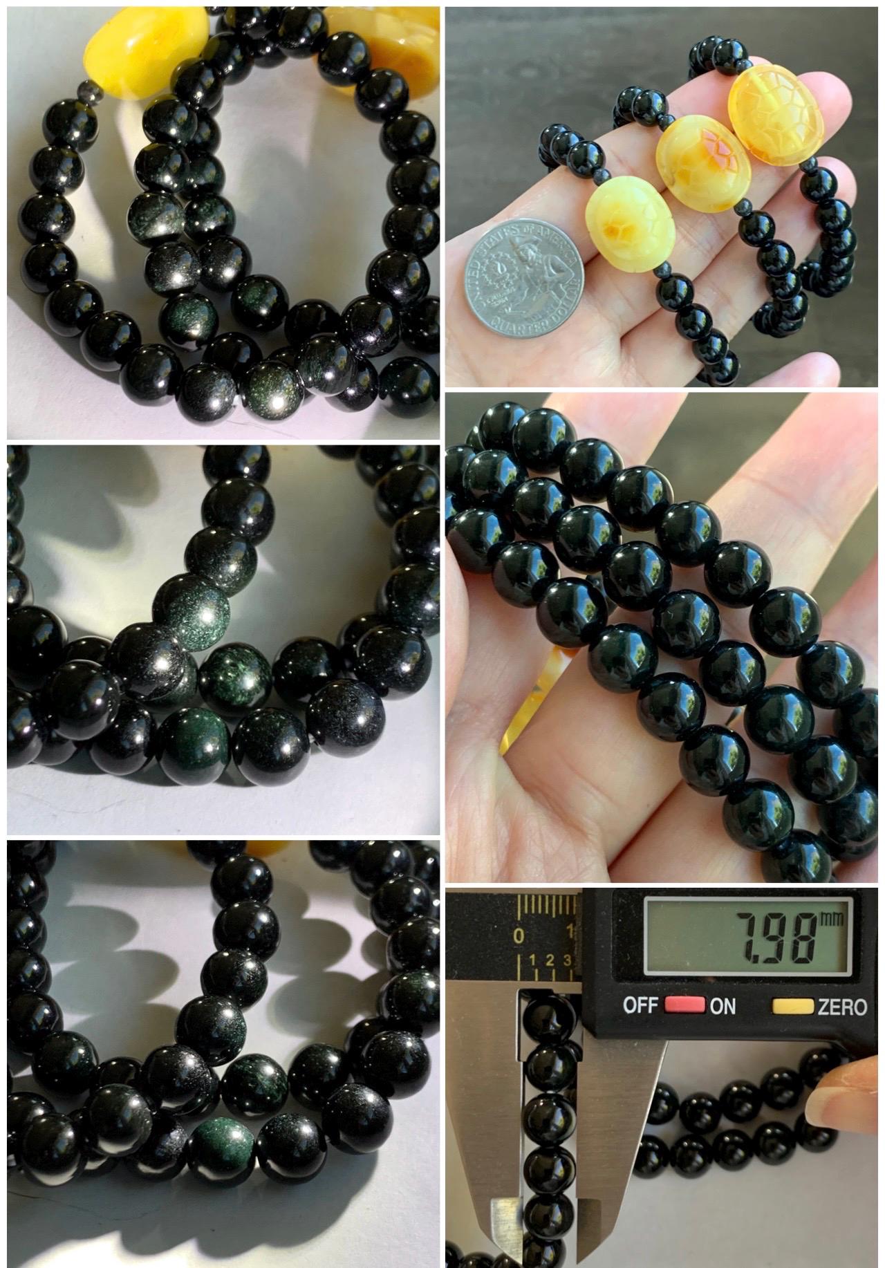 Natural Grade A Opaque Black Jade Jadeite Natural Tree Resin Carved Turle Shell Beaded Bracelet 8mm 6.25” 6.75” 7” 天然墨翠圆珠蜜蜡富甲手串 MHP