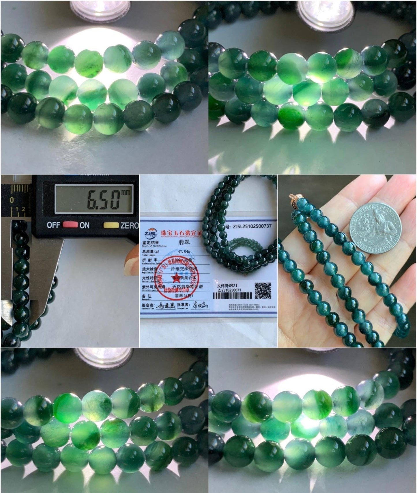 Certified Grade A Natural Guatemalan Icy Translucent Dark Teal & Green Marbled Jade Jadeite Beaded Necklace 6.5mm 26.5” 47g 天然冰危蓝飘花翡翠珠项链 737