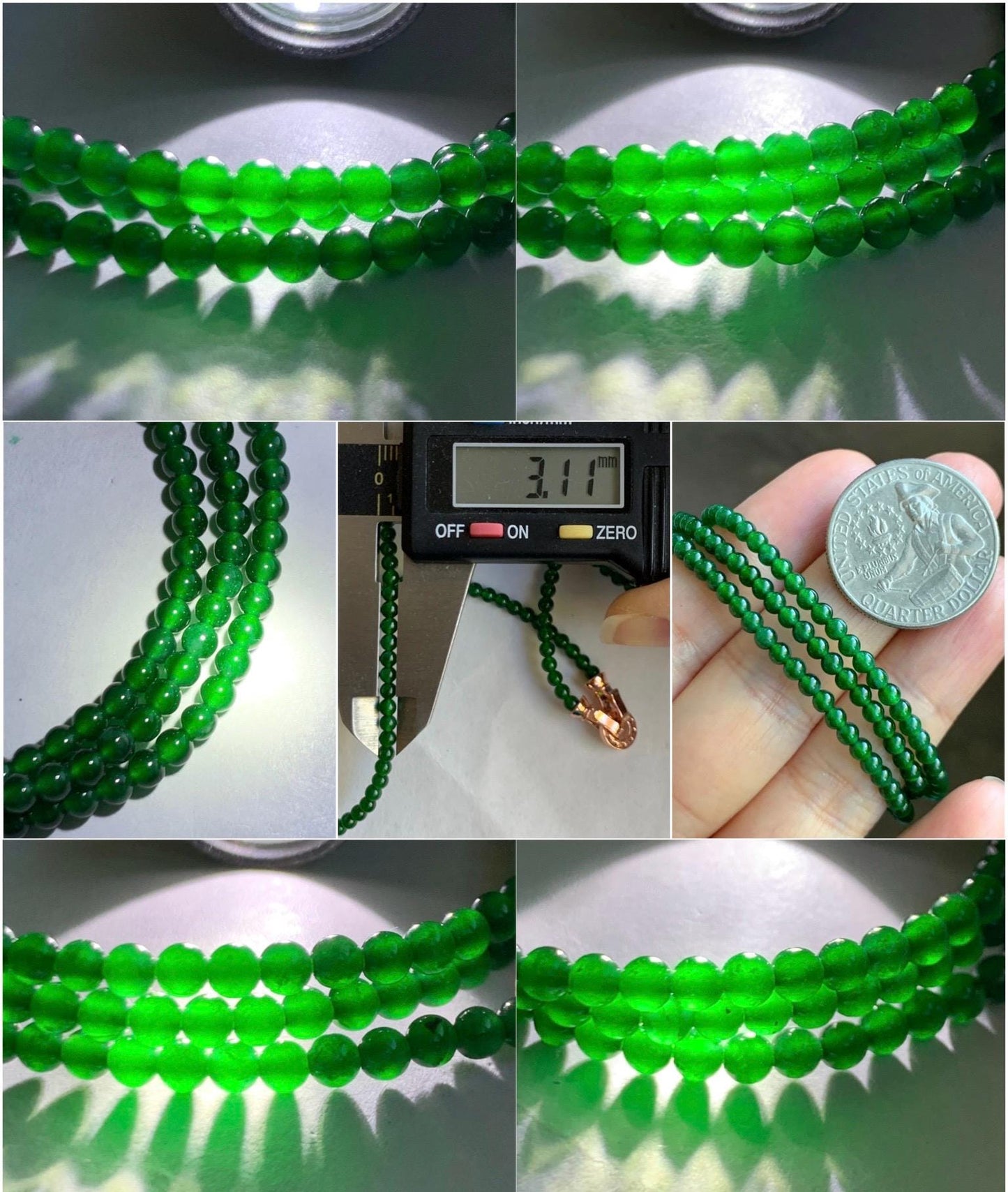 Natural Grade A Guatemalan Icy Translucent Vibrant Green Jade Jadeite Petite Beads Beaded Necklace 3mm 19" 10g 天然冰危绿翡翠小圆珠项链 WLX550