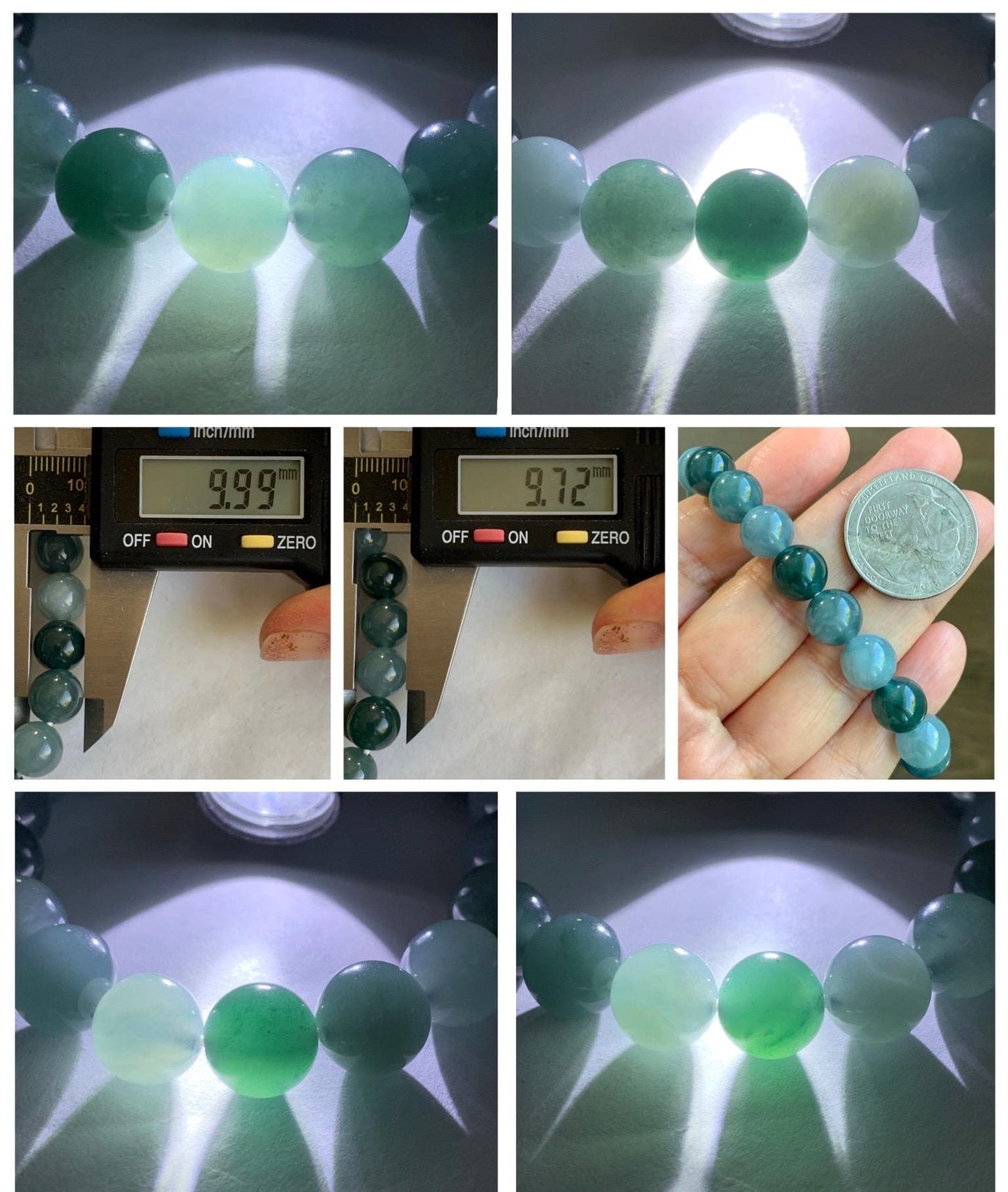 Natural Grade A Guatemalan Icy Translucent Dusty Teal Blue Multicolored Jade Jadeite Beaded Bracelet 9.7mm 7” 31g 天然冰危蓝水多宝翡翠手串 WDB150A
