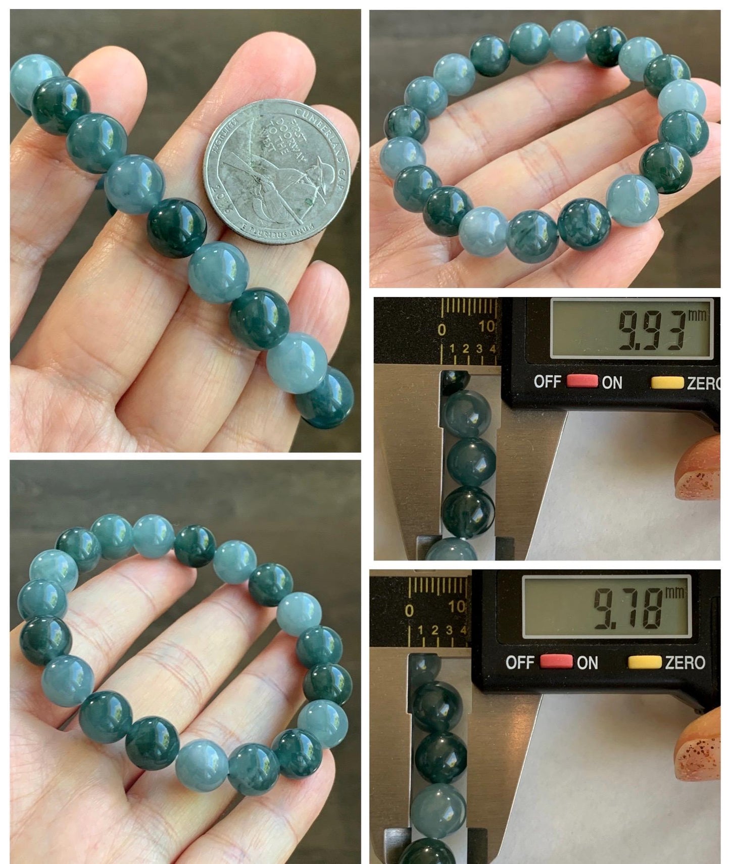 Natural Grade A Guatemalan Icy Translucent Dusty Teal Blue Multicolored Jade Jadeite Beaded Bracelet 9.7mm 7” 31g 天然冰危蓝水多宝翡翠手串 WDB150B