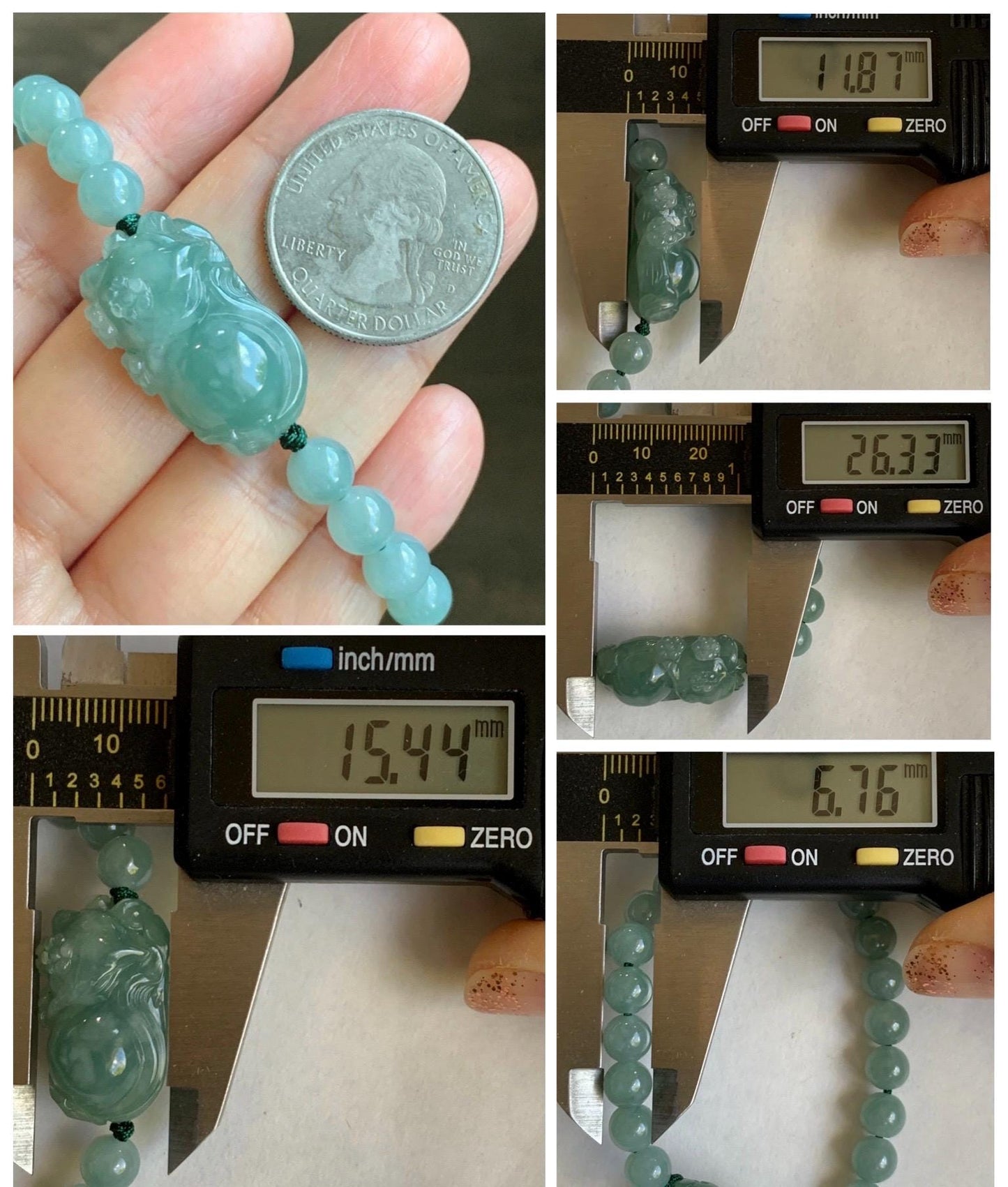 Natural Grade A Icy Translucent Gelatinous Dusty Green Jade Jadeite Carved Nine-Tailed Fox Beaded Bracelet 6.75" 天然冰胶蓝绿翡翠九尾狐淡绿翡翠圆珠手串 MJW362