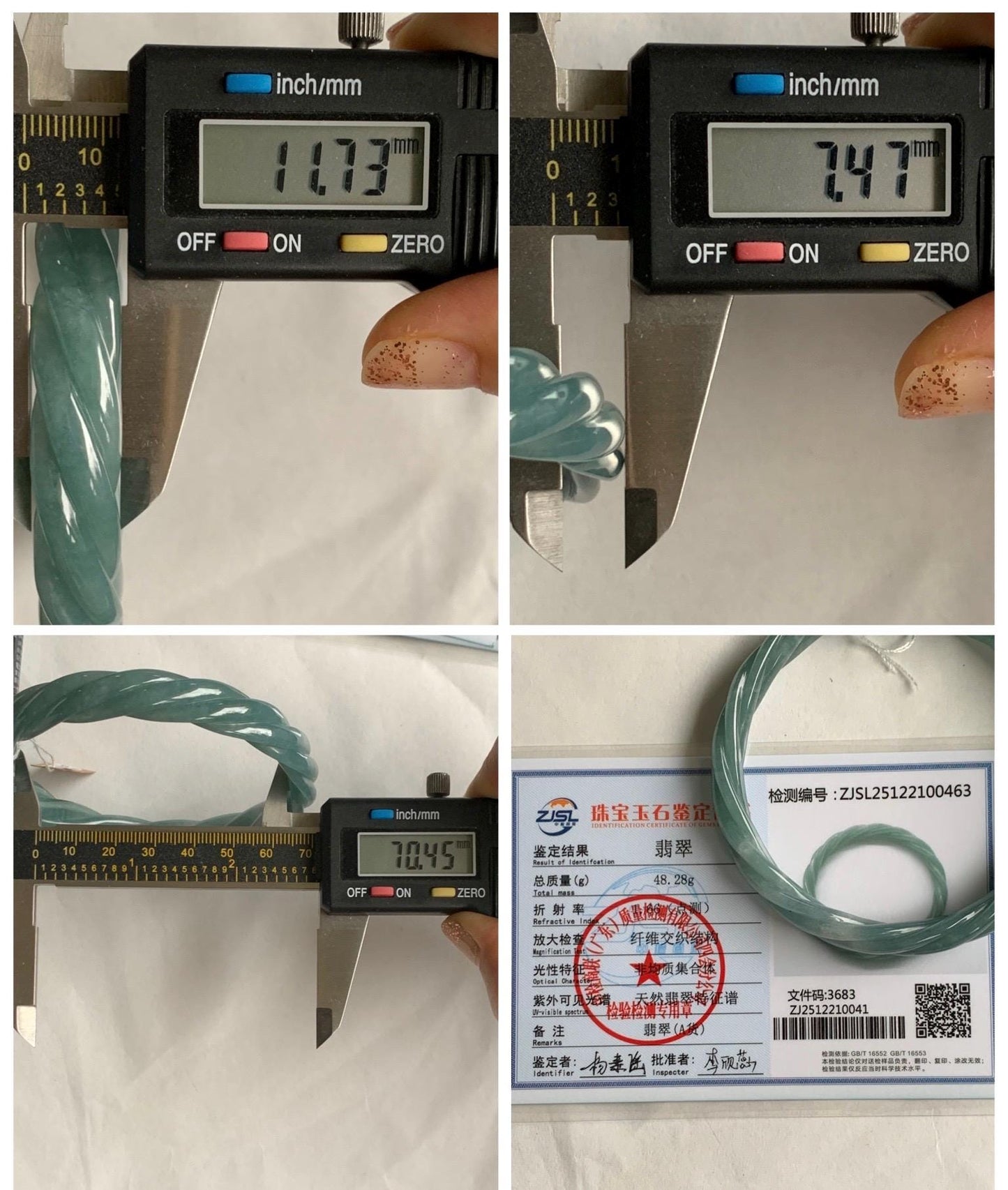 Certified Natural Grade A Guatemalan Icy Translucent Dusty Teal Blue Jade Jadeite Carved Braid Bangle 70.45mm 8.7” 48g 天然冰危暗蓝绿翡翠麻花手镯 463