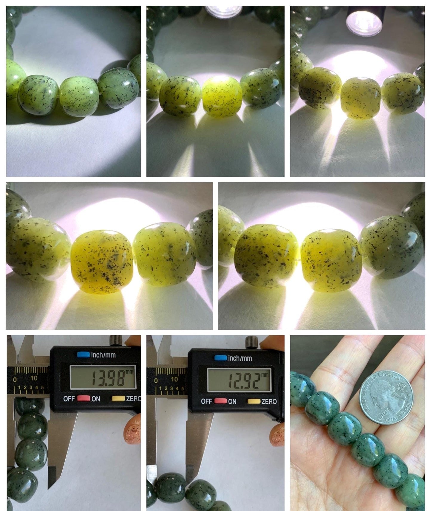 Natural Nephrite Jade Dusty Olive Green & Wuji Spotted Translucent Large Drum Beads Beaded Bracelet Stretchy 8" 74g 天然和田玉鼓珠手串 HTWL168