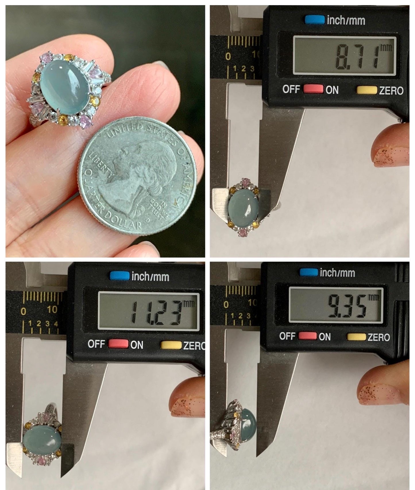Natural Grade A Guatemalan Icy Translucent Pastel Teal Blue Oval Jade Jadeite Ring Sterling Silver Size Adjustable 天然冰危蓝翡翠银镶戒指 LDB132
