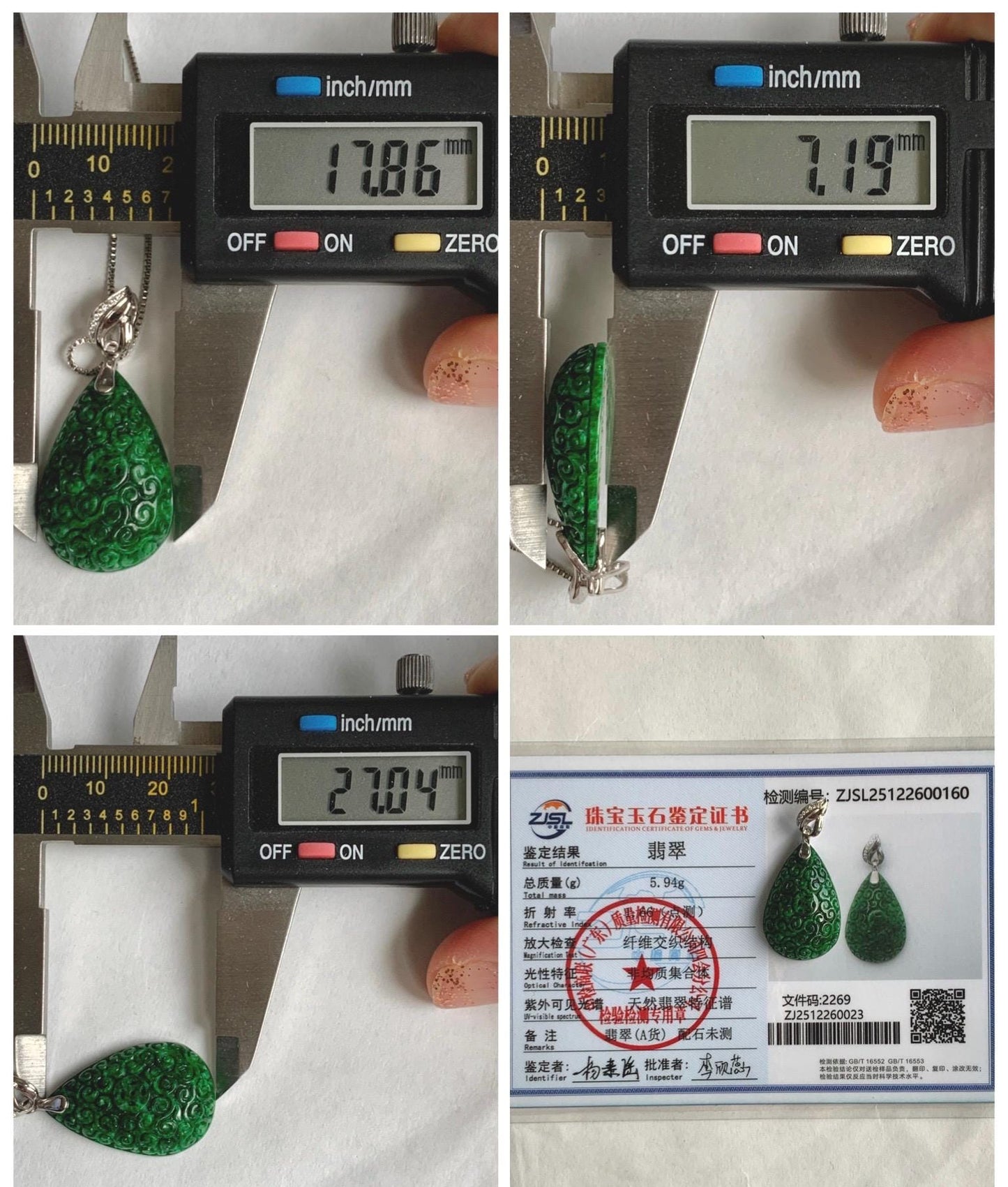 Certified Natural Grade A Intense “Hot” Green Jade Jadeite Engraved Teardrop Pendant 14K White Gold Moissanite 6g 天然满辣绿花青翡翠仿古雕水滴吊坠 160