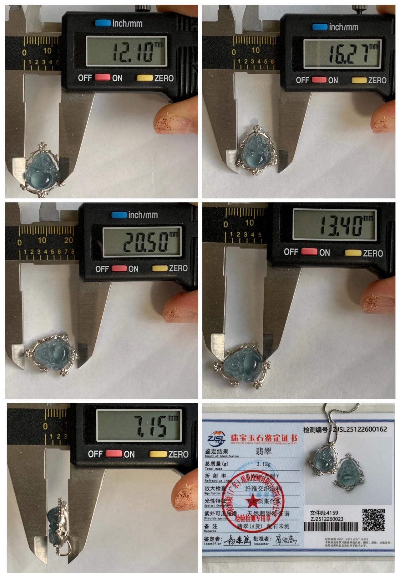 Certified Natural Grade A Guatemalan Icy Translucent Dusty Blue Jade Jadeite Buddha Petite Pendant Sterling Silver 3.12g 天然冰胶危蓝翡翠佛公镶嵌吊坠 162