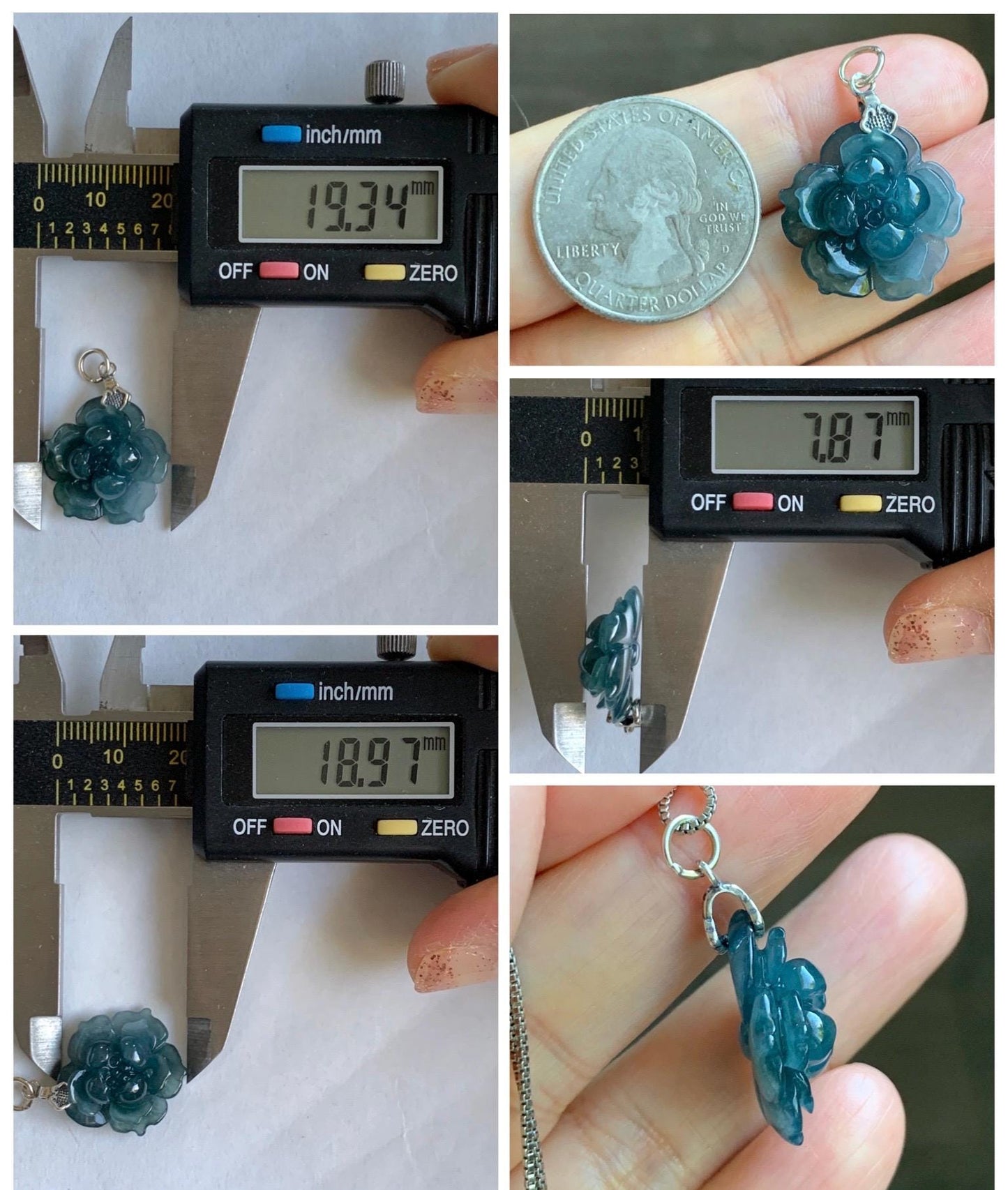 Natural Grade A Guatemalan Icy Translucent Dark Aegean Blue Jade Jadeite Lotus Flower Pendant Sterling Silver 4g 天然冰危深蓝翡翠莲花吊坠 WLH316C