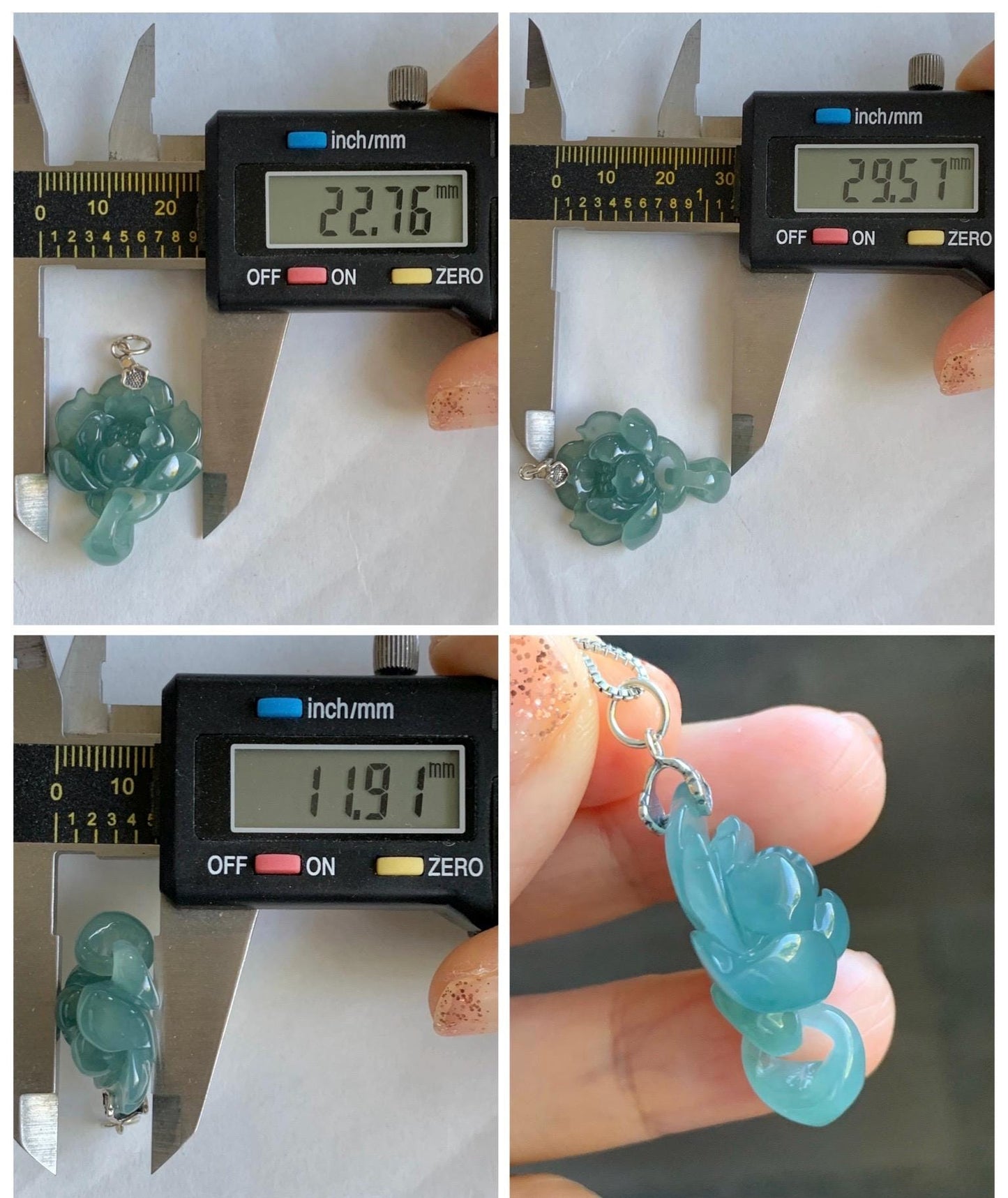 Natural Grade A Guatemalan Icy Translucent Teal Blue Jade Jadeite Lotus Flower Pendant Sterling Silver 8g 天然冰胶危蓝翡翠莲花吊坠 WLH316C