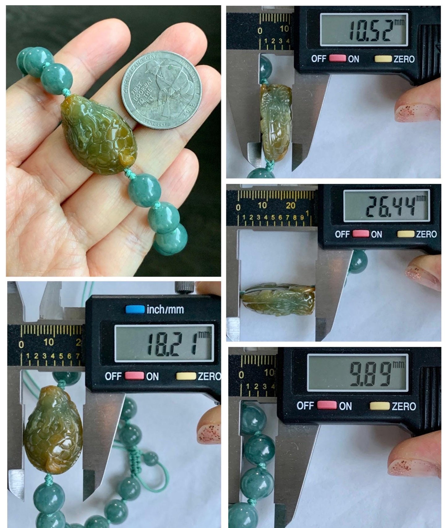 Natural Grade A Guatemalan Translucent Yellow Marbled Jade Jadeite Dragon Turtle Dark Teal Beaded Bracelet 7.75” 33g 天然冰危茶黄翡翠龙龟危蓝圆珠手串 WLG-L