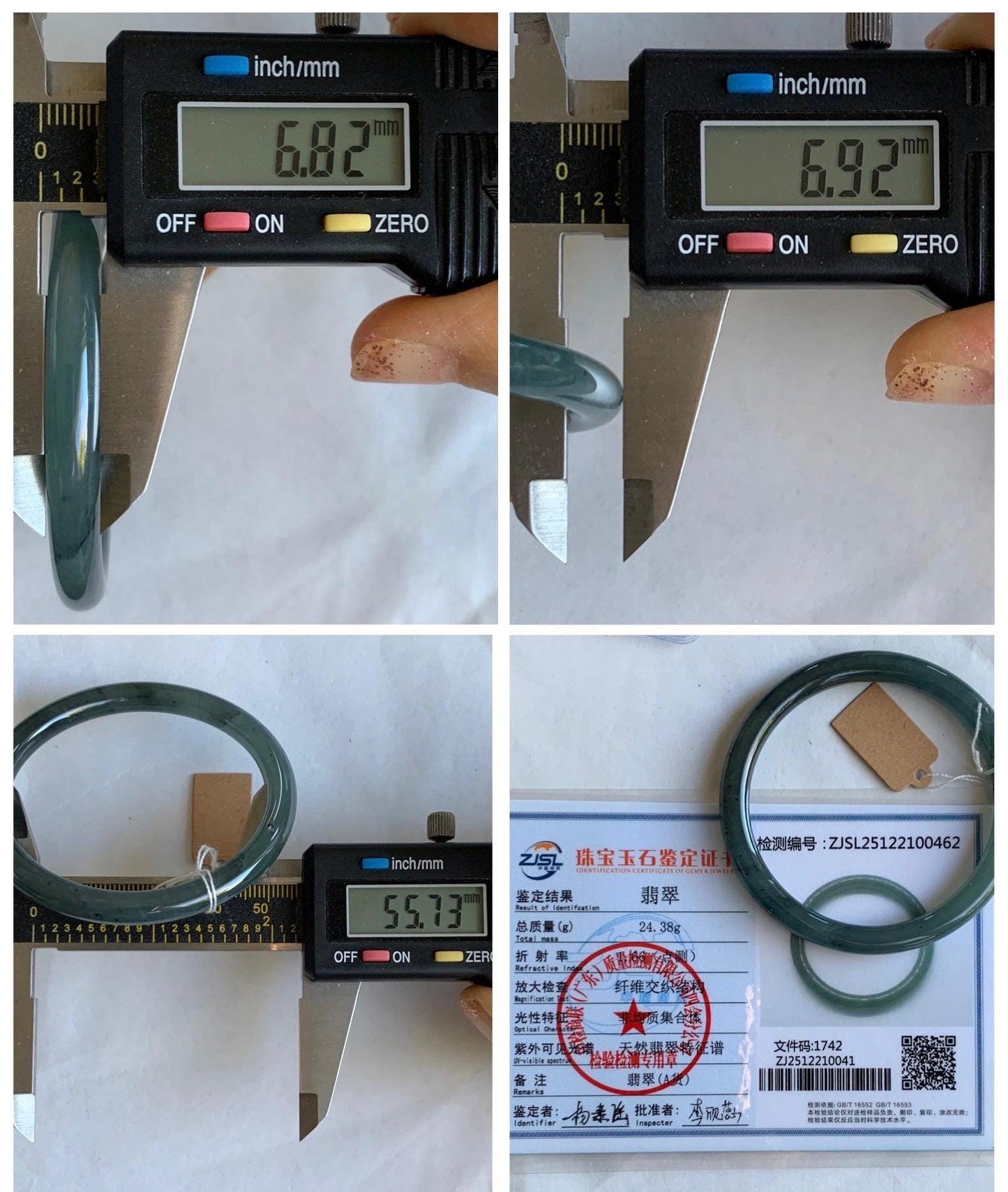 Certified Natural Grade A Guatemalan Icy Translucent Grayish Blue Wuji Marbled Jade Jadeite Bangle Bracelet 55.7mm 6.88” 天然冰危蓝灰乌鸡细圆条翡翠手镯 462