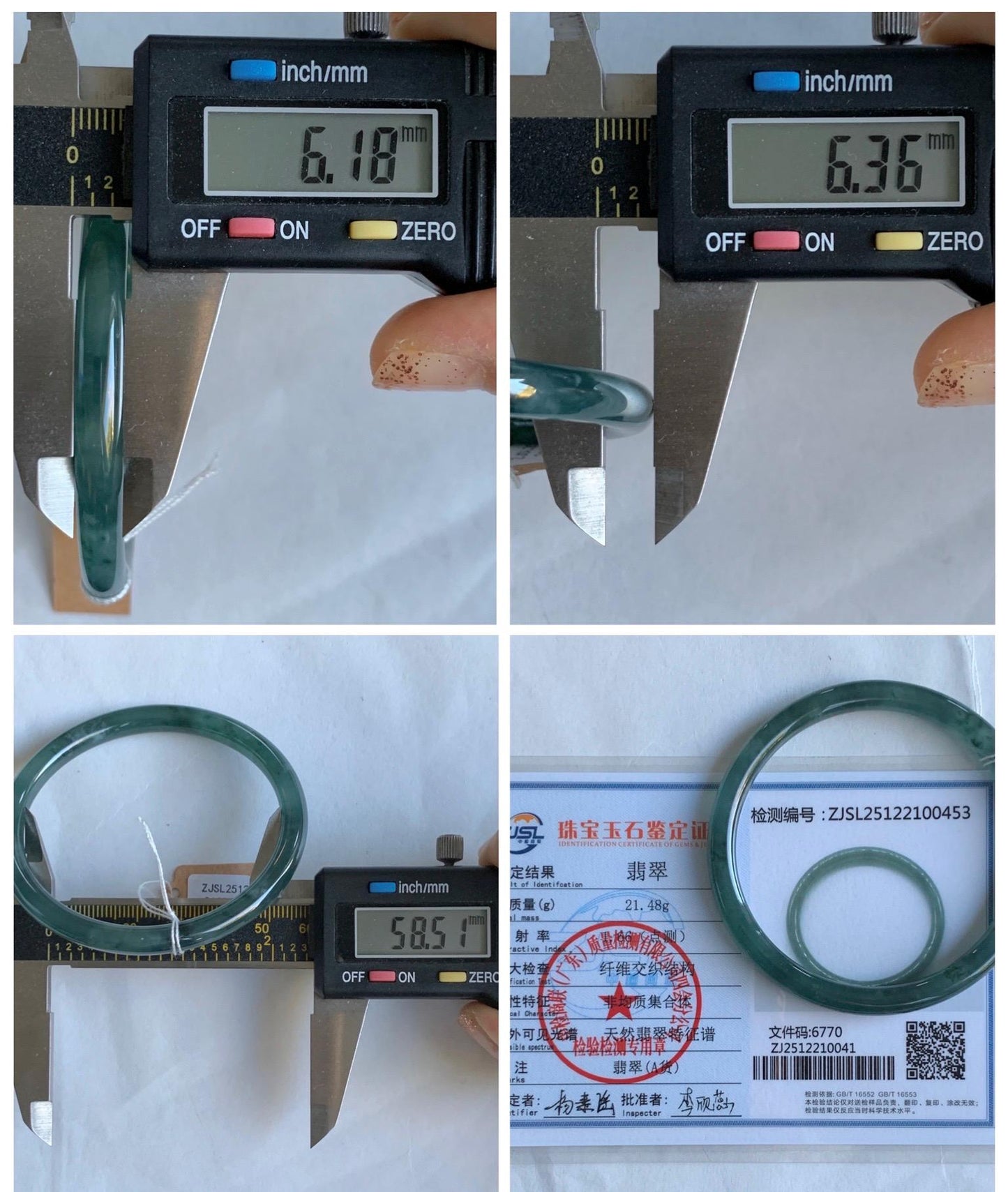 Certified Natural Grade A Guatemalan Icy Translucent Teal Green Marbled Jade Jadeite Bangle Bracelet 58.5mm 7.23” 21.48g 天然冰胶危蓝飘花翡翠细圆条手镯 453