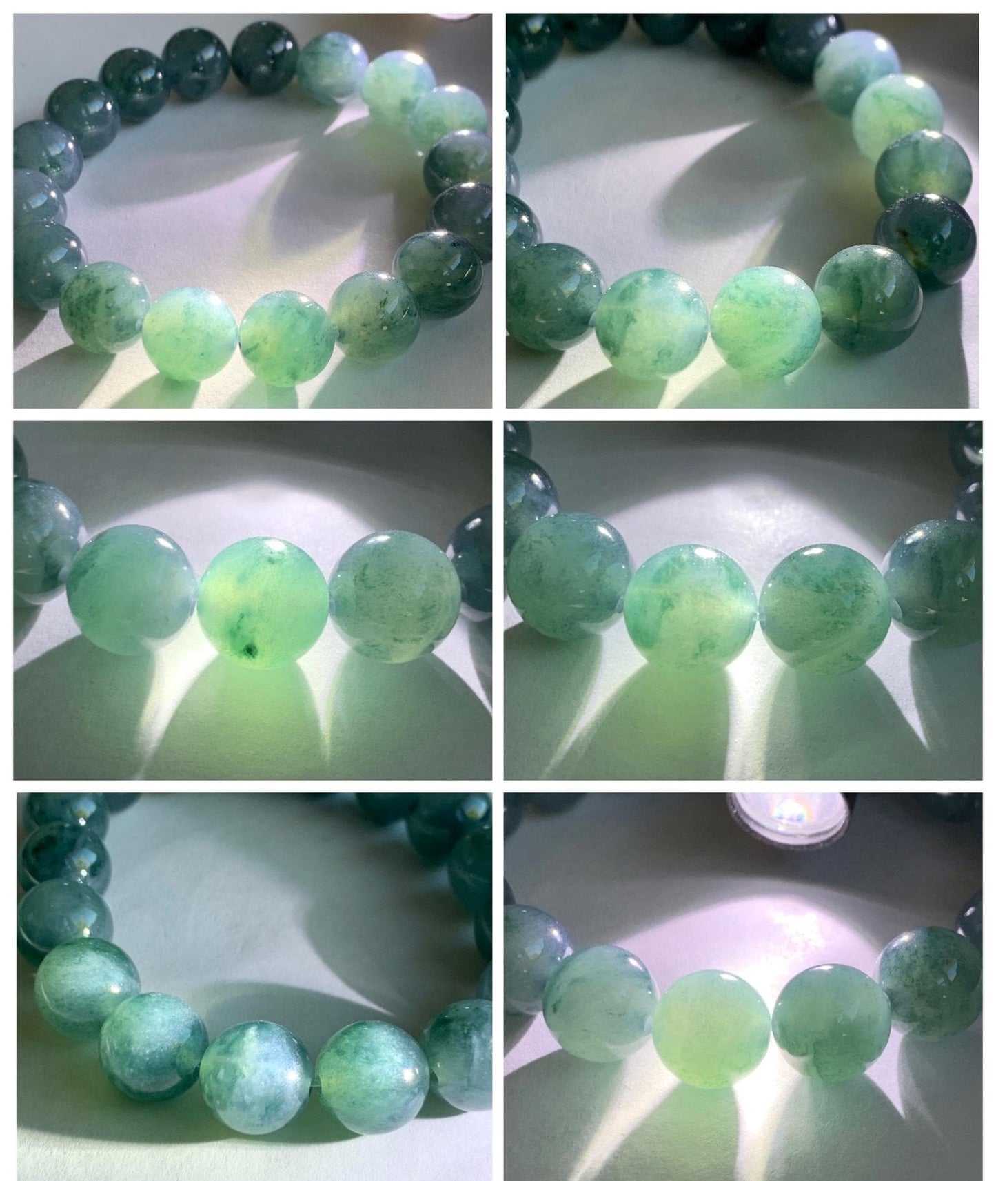 Natural Grade A Guatemalan Icy Highly Translucent Teal Blue Marbled Jade Jadeite Beaded Bracelet Stretchy 11.8mm 7.5” 天然冰危蓝飘绿翡翠圆珠手串 WPH440A