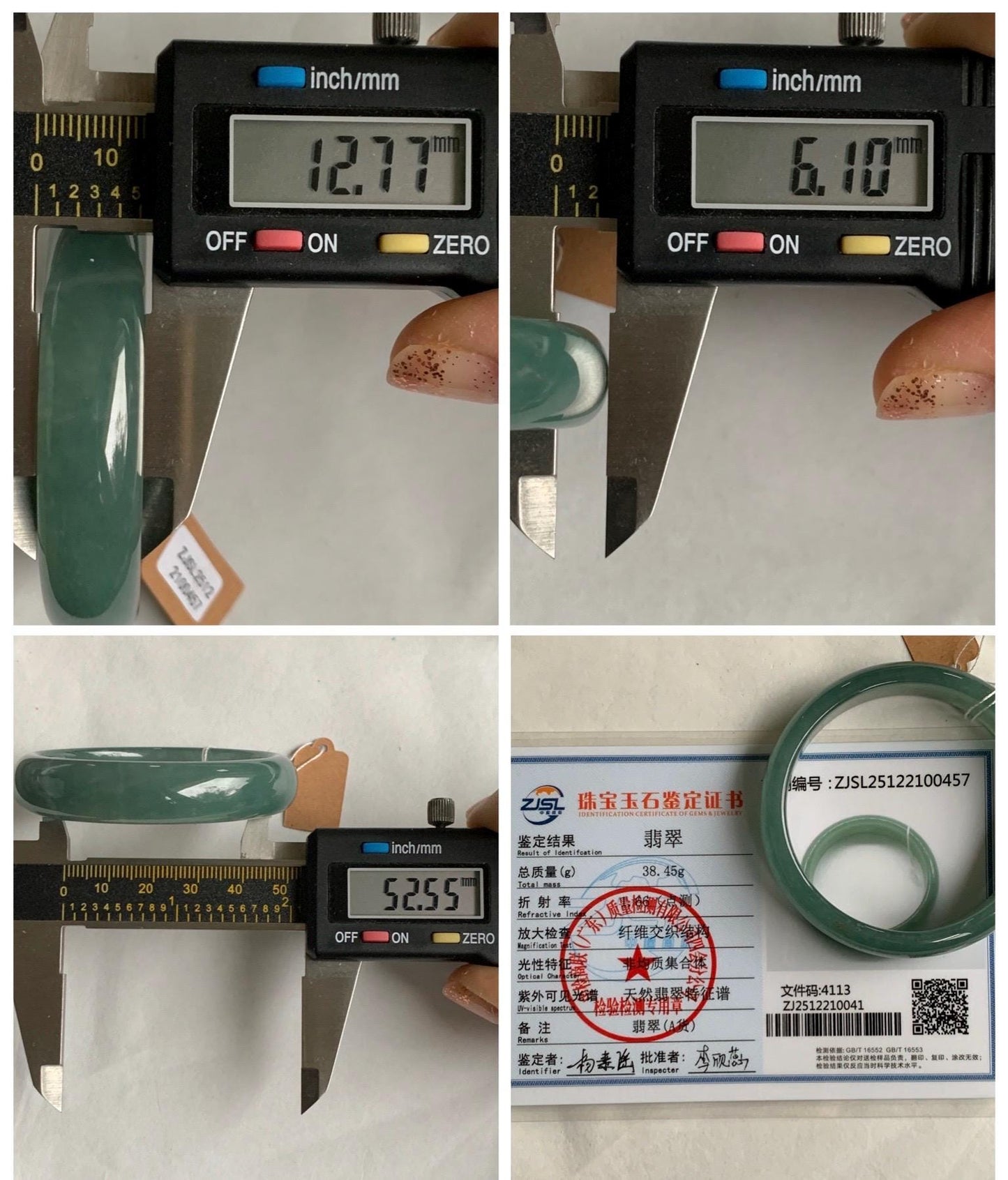 Certified Natural Grade A Guatemalan Icy Translucent Dusty Teal Green Jade Jadeite Wide Bangle 52.5mm 6.5” 38.45g 天然冰危蓝绿翡翠正圈宽版手镯 457